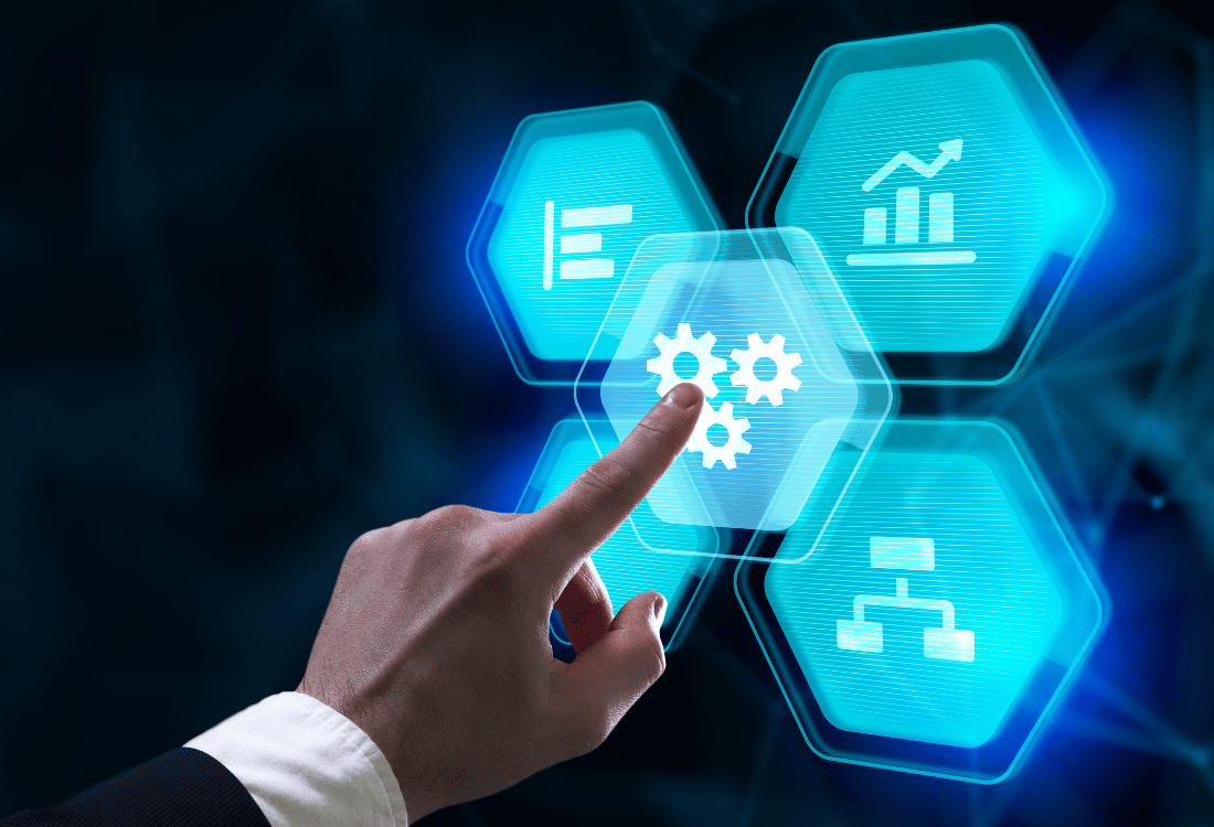 A graphic showing a businessman touching various marketing automation icons.