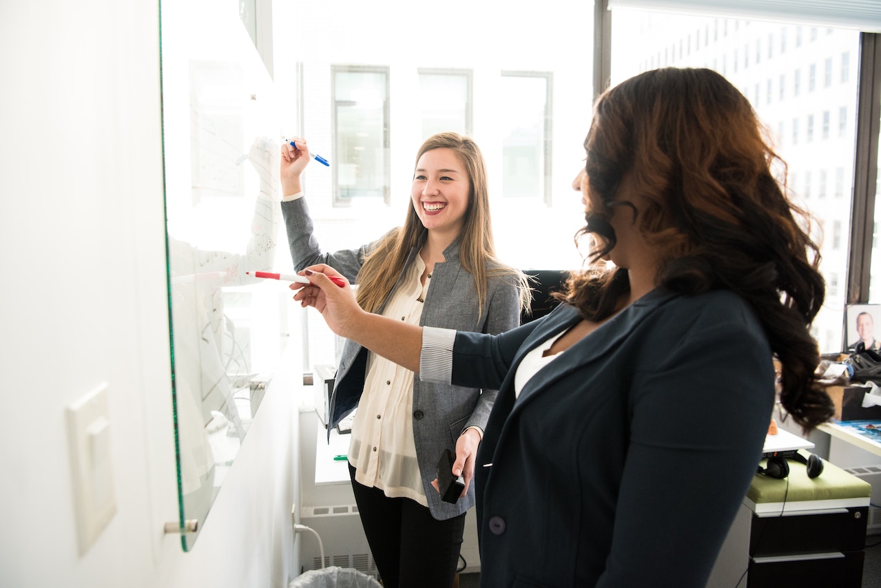 Two businesswomen writing on a whiteboard as they go over the four stages of inbound marketing and how to implement them in their business