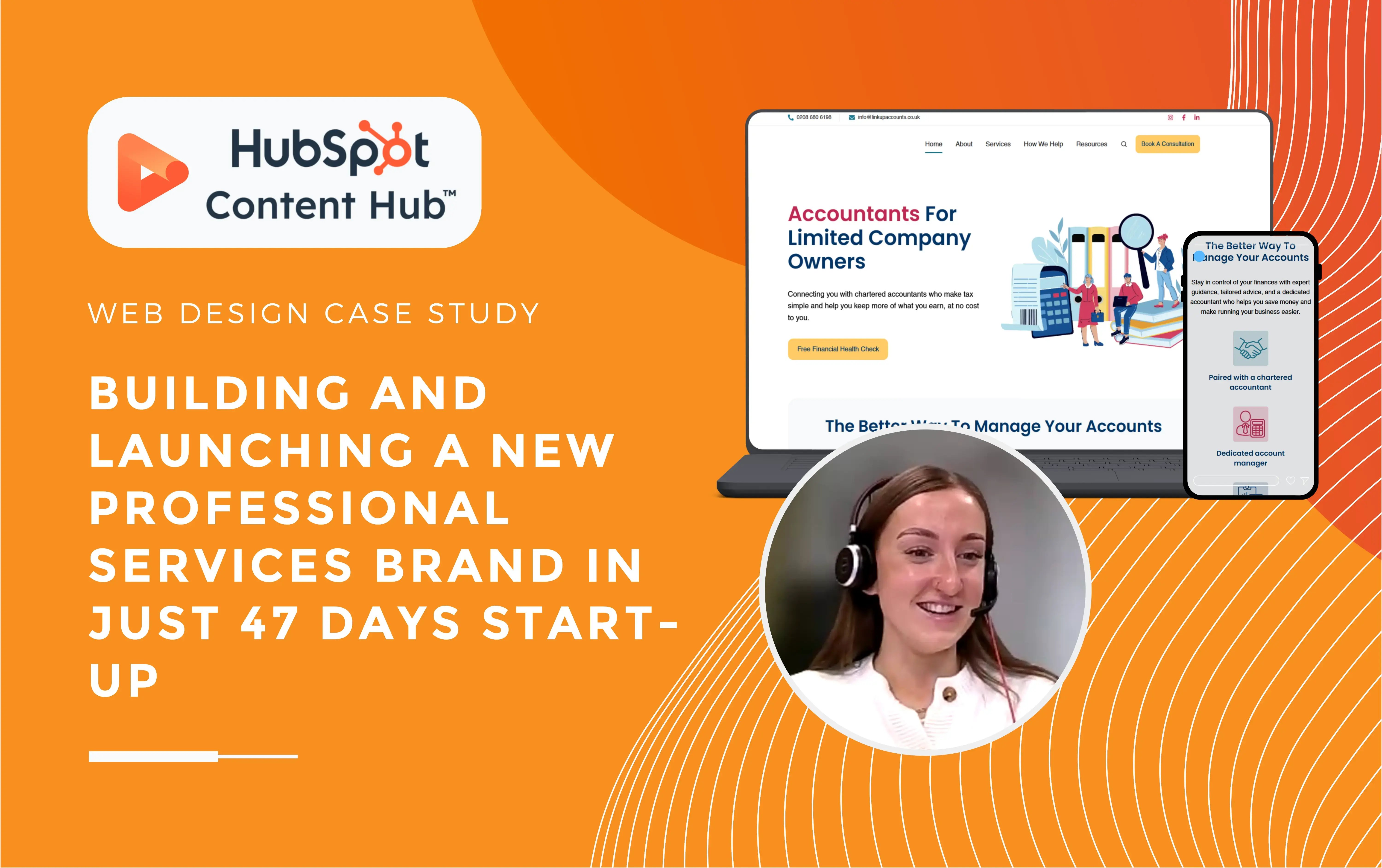 Emily smiling with a headset on talking about a web design case study for a new professional services brand.