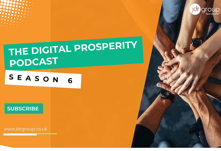 Graphic with people placing their hands on top of each other with the words digitial prosperity podcast in the background.