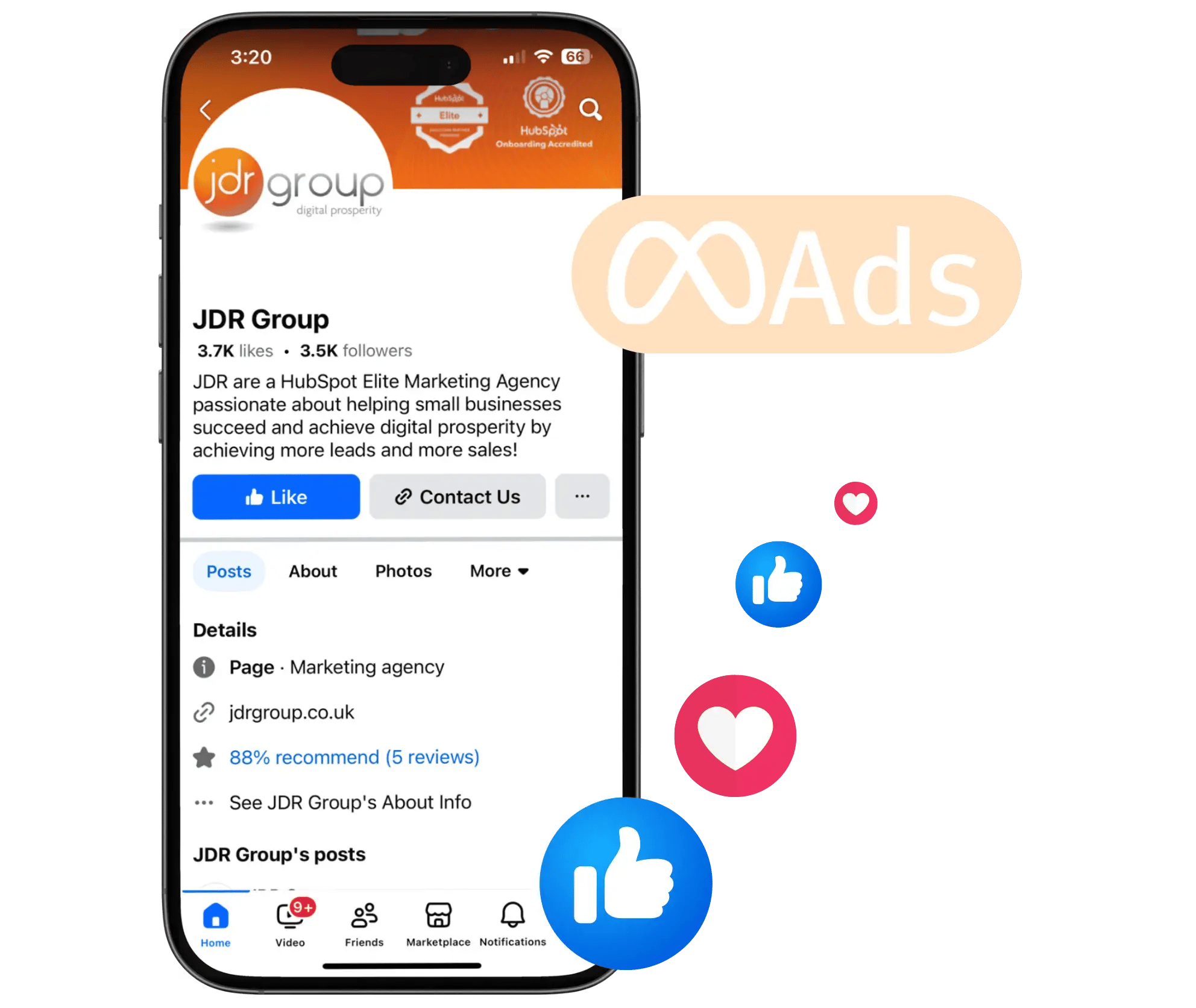 JDR's Facebook homepage with an ads logo and likes and love icons