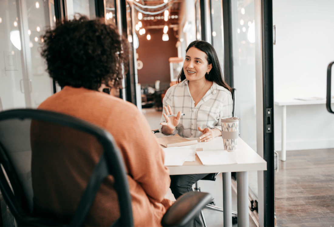 A woman being interviewed for a position in a business which she found due to inbound marketing.