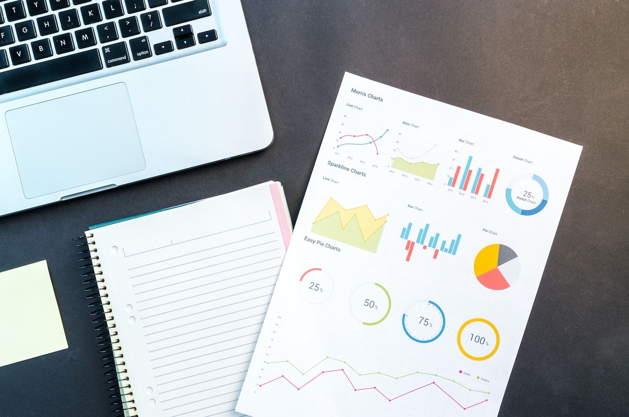 Paper covered in charts showing success from a marketing automation strategy next to a laptop