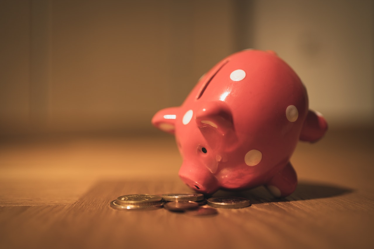 A piggybank on its front legs, looking into a pile of money which its owner will use to pay for HubSpot packages