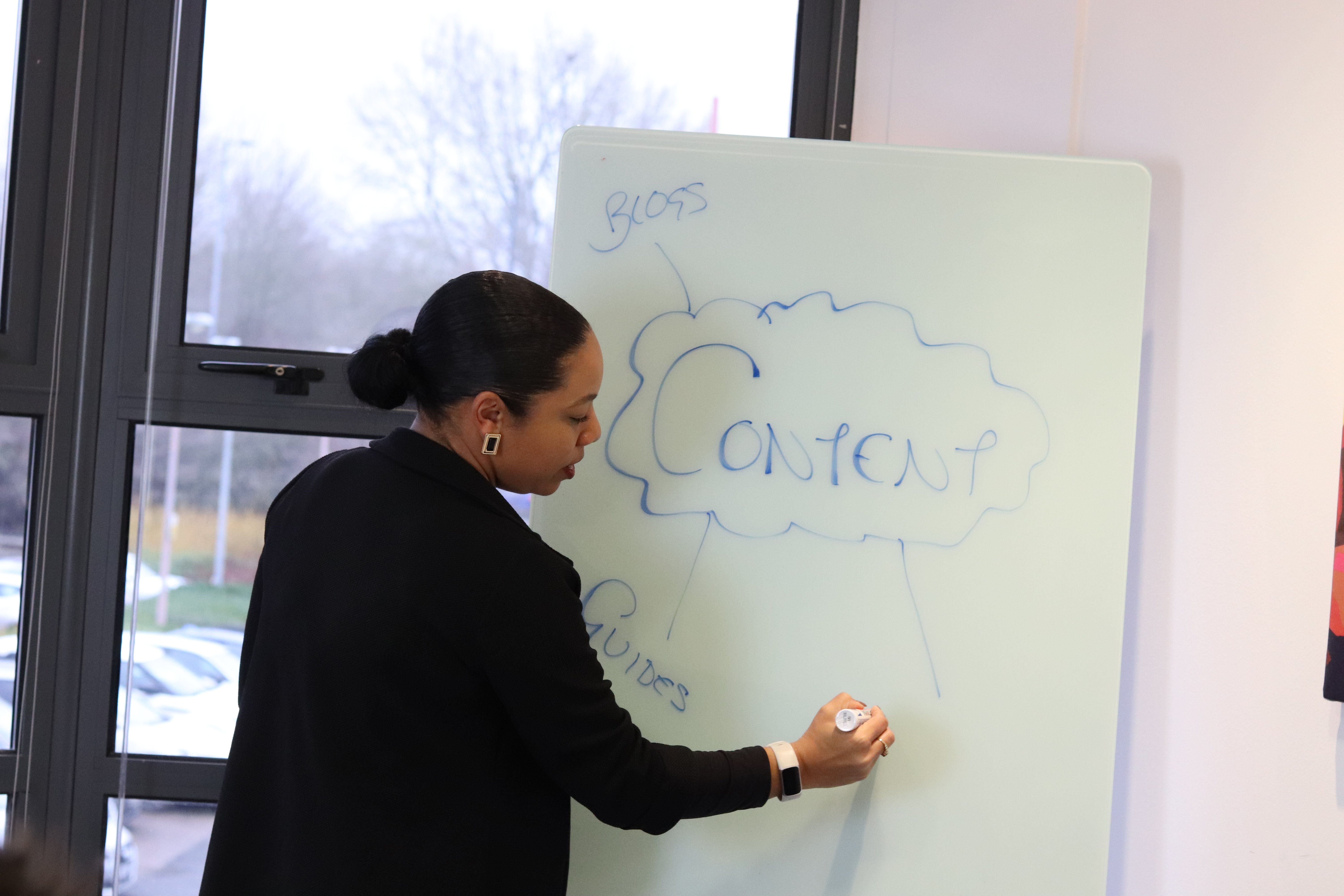 Kerry writing on a whiteboard with a pen, drawing a mindmap with content as the middle bubble, with lines connecting to blogs and guides.