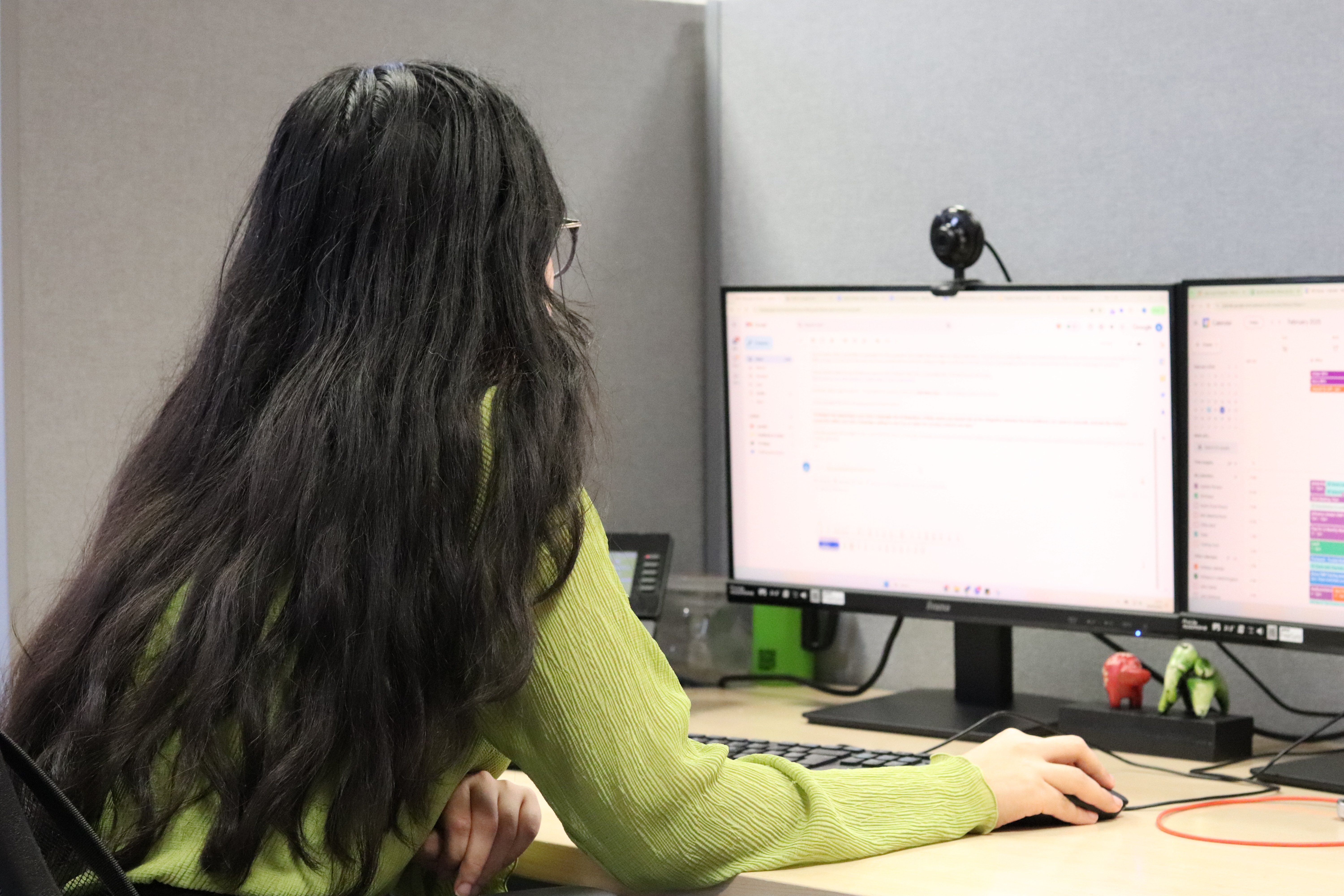 The back of Ayesha's head while she looks and types on her computer screen.