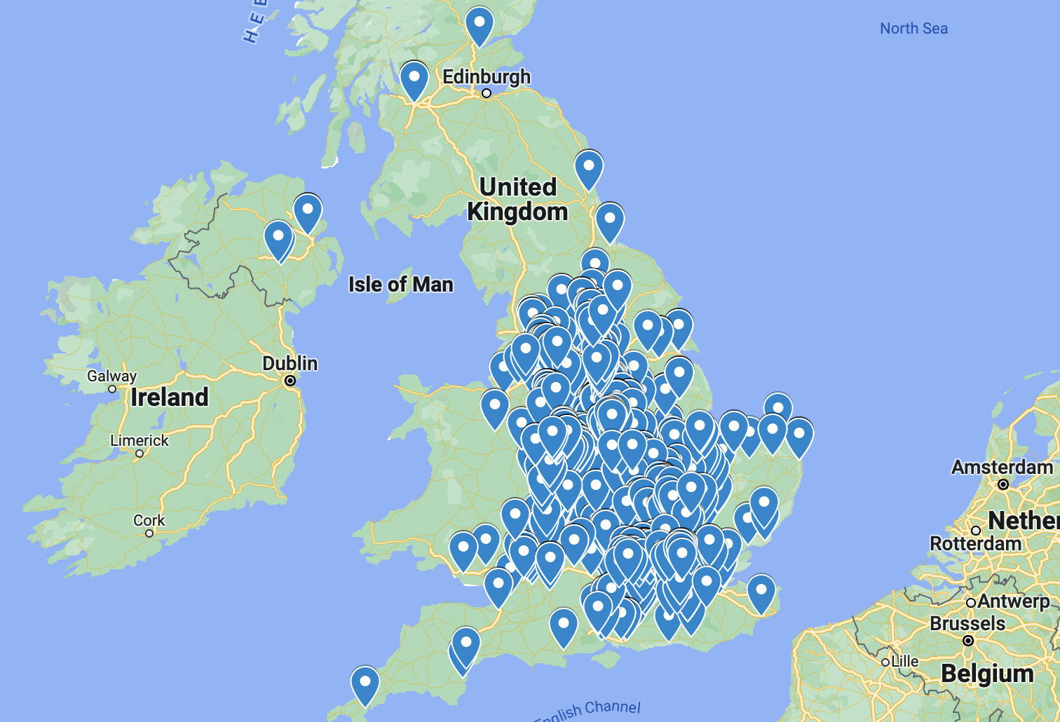 Map showing all of the areas JDR covers in the UK with our digital marketing services