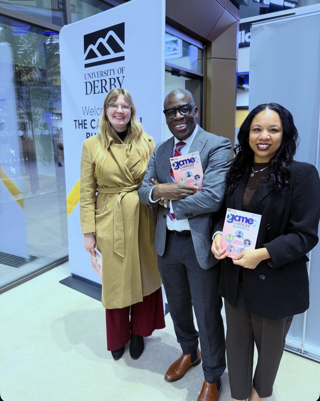 Emma, Dave, and Kerry attending the University of Derby Game Changer Awards on behalf of the JDR Group.