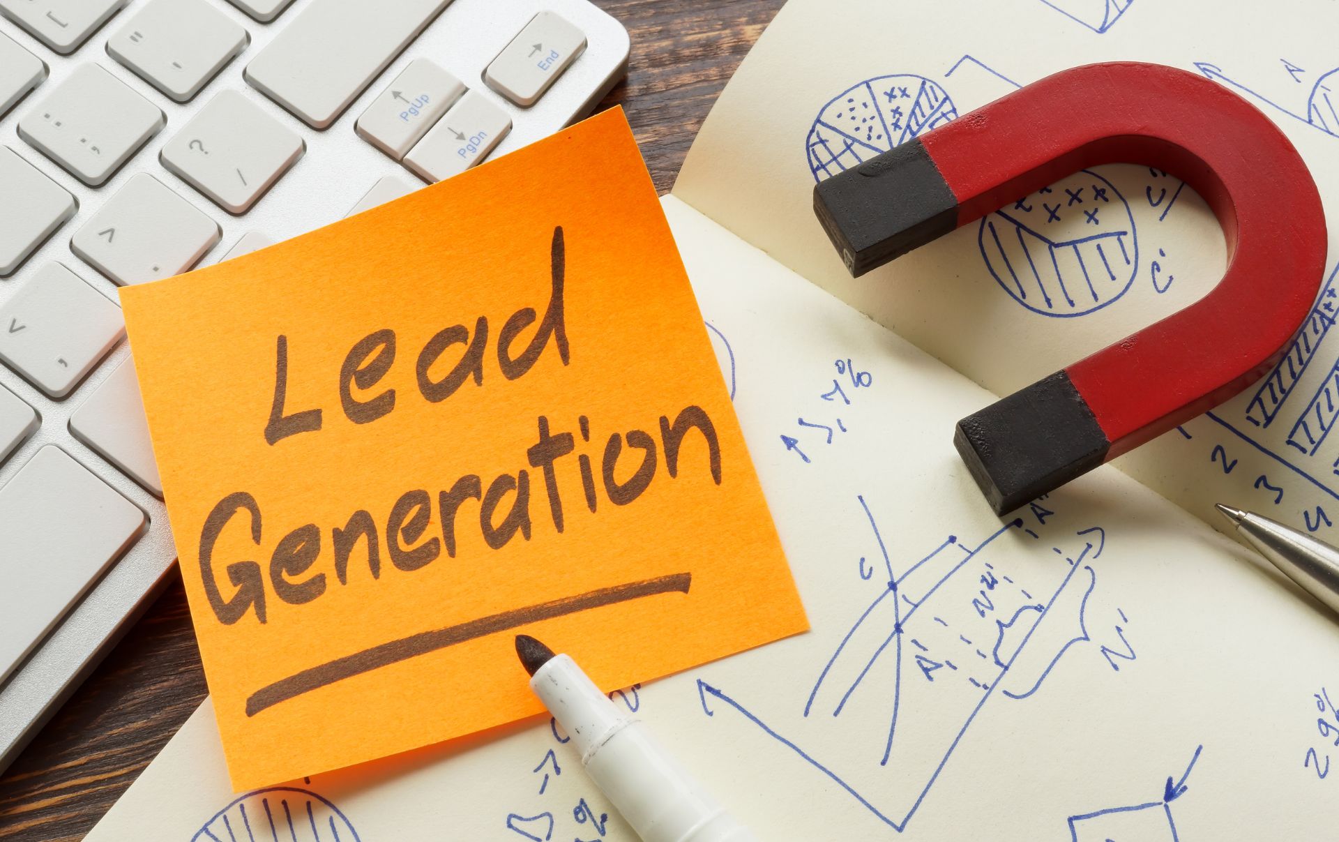 A post it not on the desk of a business owner that with the two words Lead Generation written on it with a magnet sitting next to the post it belonging to a business owner who is writing on the notebook underneath steps to get more leads for their business.