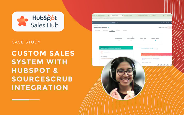 HubSpot Sales Hub case study with SourceScrub integration, featuring dashboard screenshot and smiling Ayesha with headset.