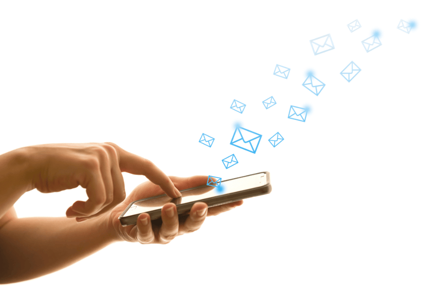 A graphic showing a woman clicking a phone to send emails..
