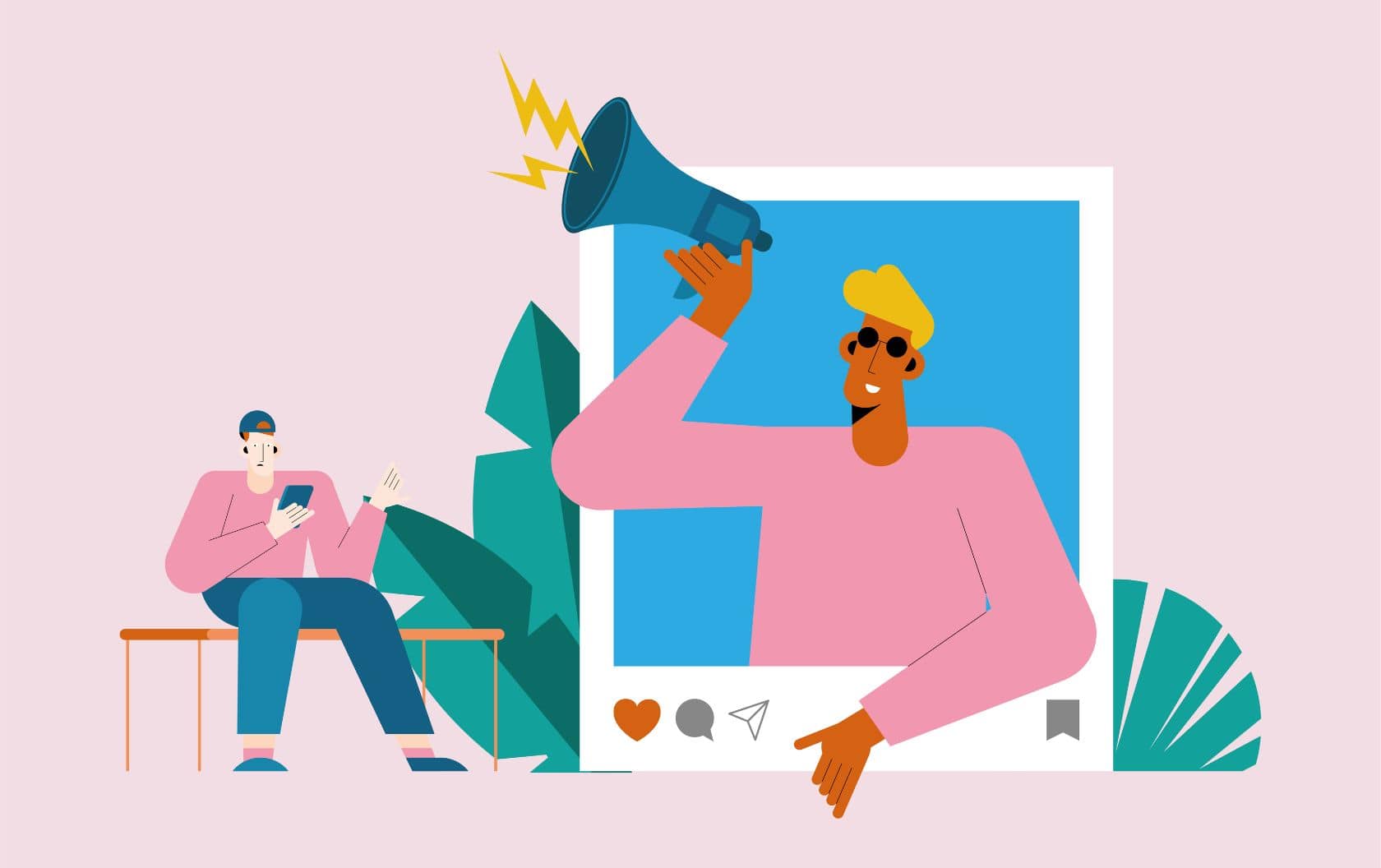 An Influencer boosting an Ecommerce business on their Instagram using a megaphone while a social media user sits on a bench influenced by the post to visit the business boosting the website