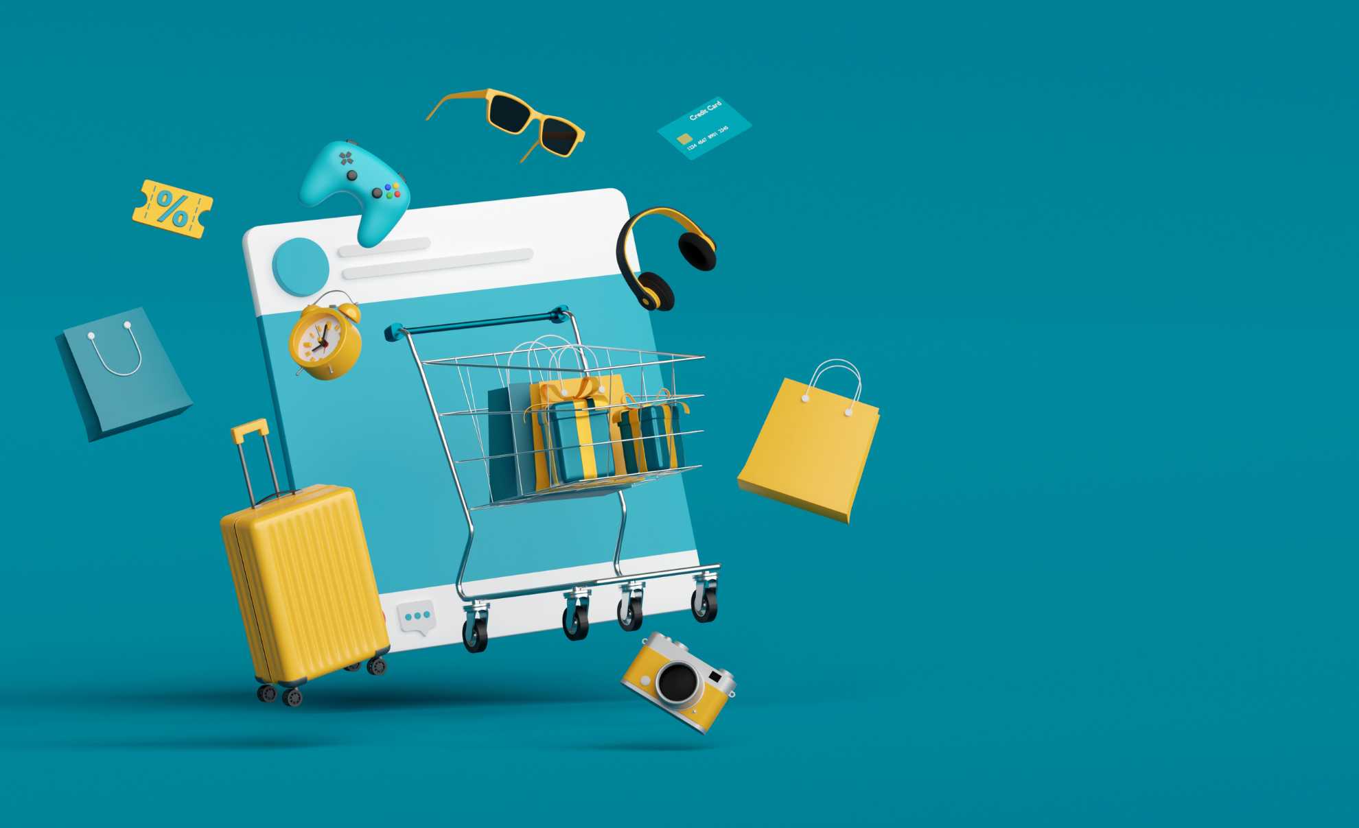 A website page with many items including wrapped presents, a suitcase, camera, sunglasses and headphones bursting from the page as many customers use alternative online payment options on the Ecommerce shop