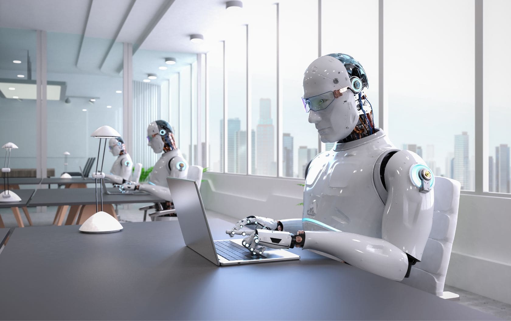 An AI robot sitting with two other AI robots to their right, writing content on their laptop which will be penalised by Google for not being human-written.