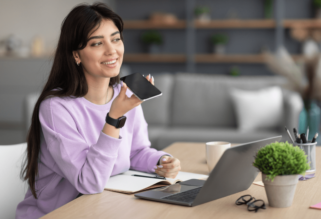 A woman using voice searches to get more information about a specific topic