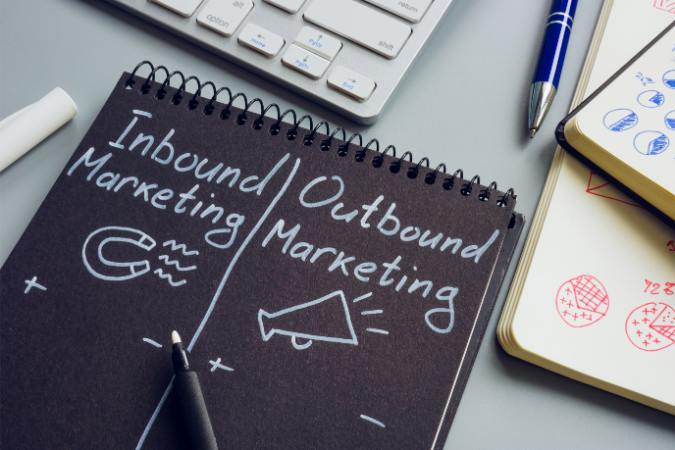 A chalkboard saying inbound marketing and outbound marketing to show how combining can make an effective marketing strategy.