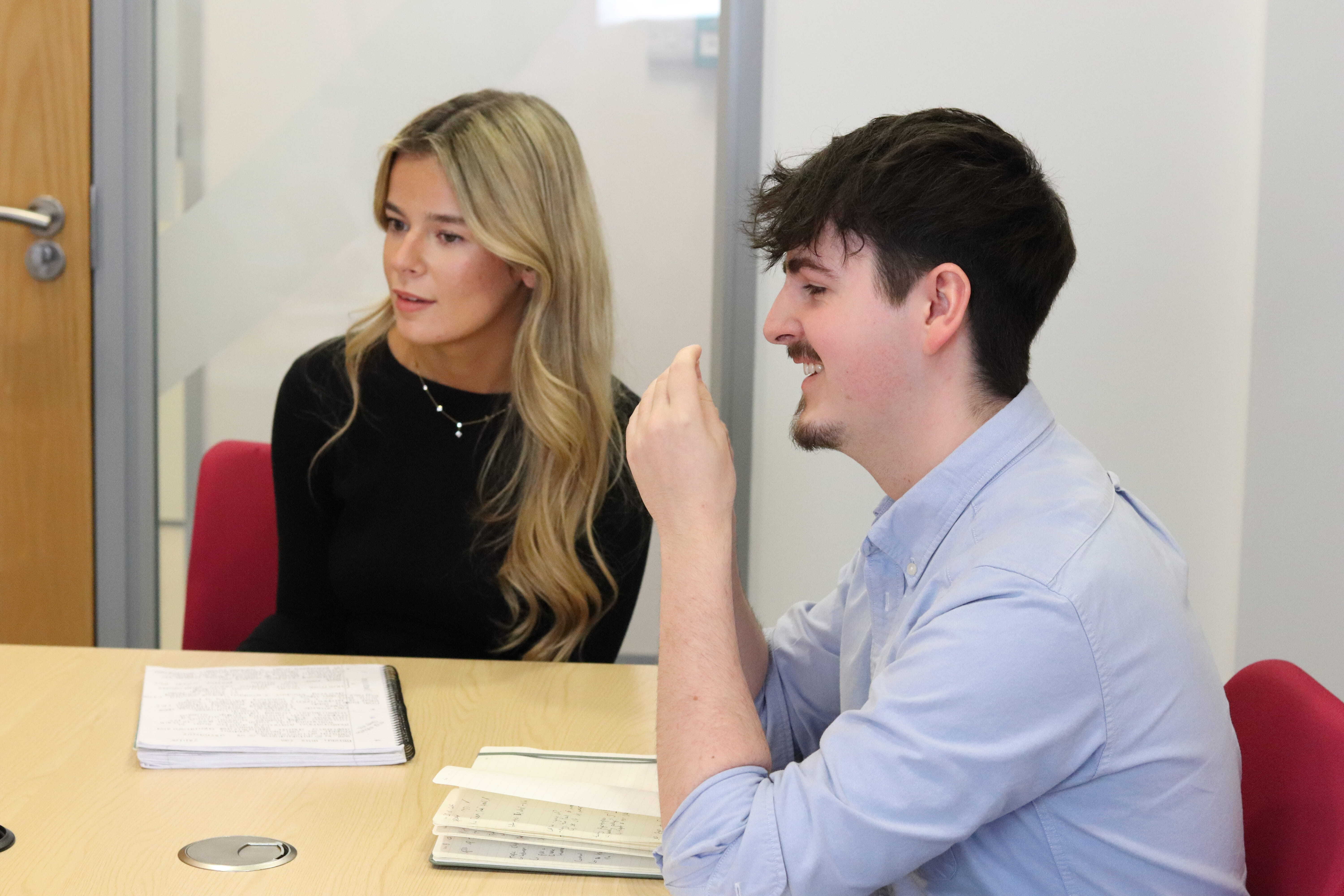 Mia and Harry in a meeting about what to include in a marketing plan.