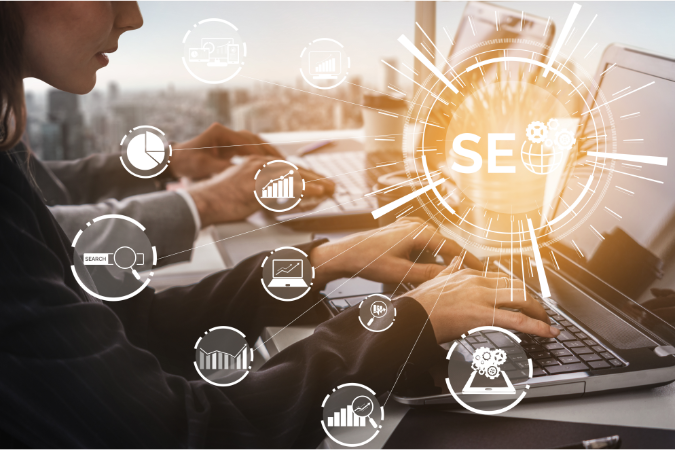 A graphic of a women on a laptop using superior SEO to outsmart her competition
