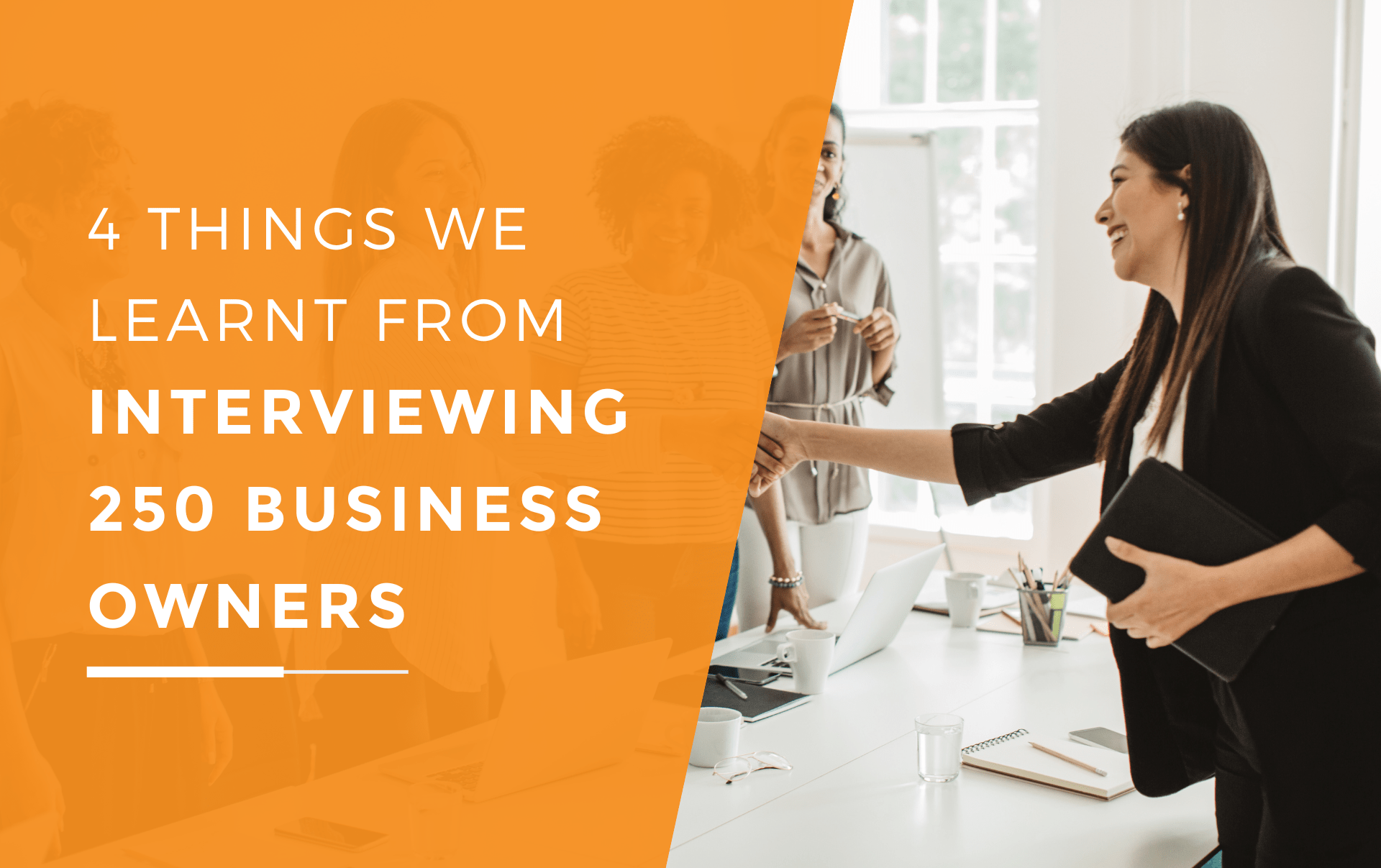 A business woman shaking the hands of a business owner who is sitting amongst collegues being interviewed about their marketing strategies