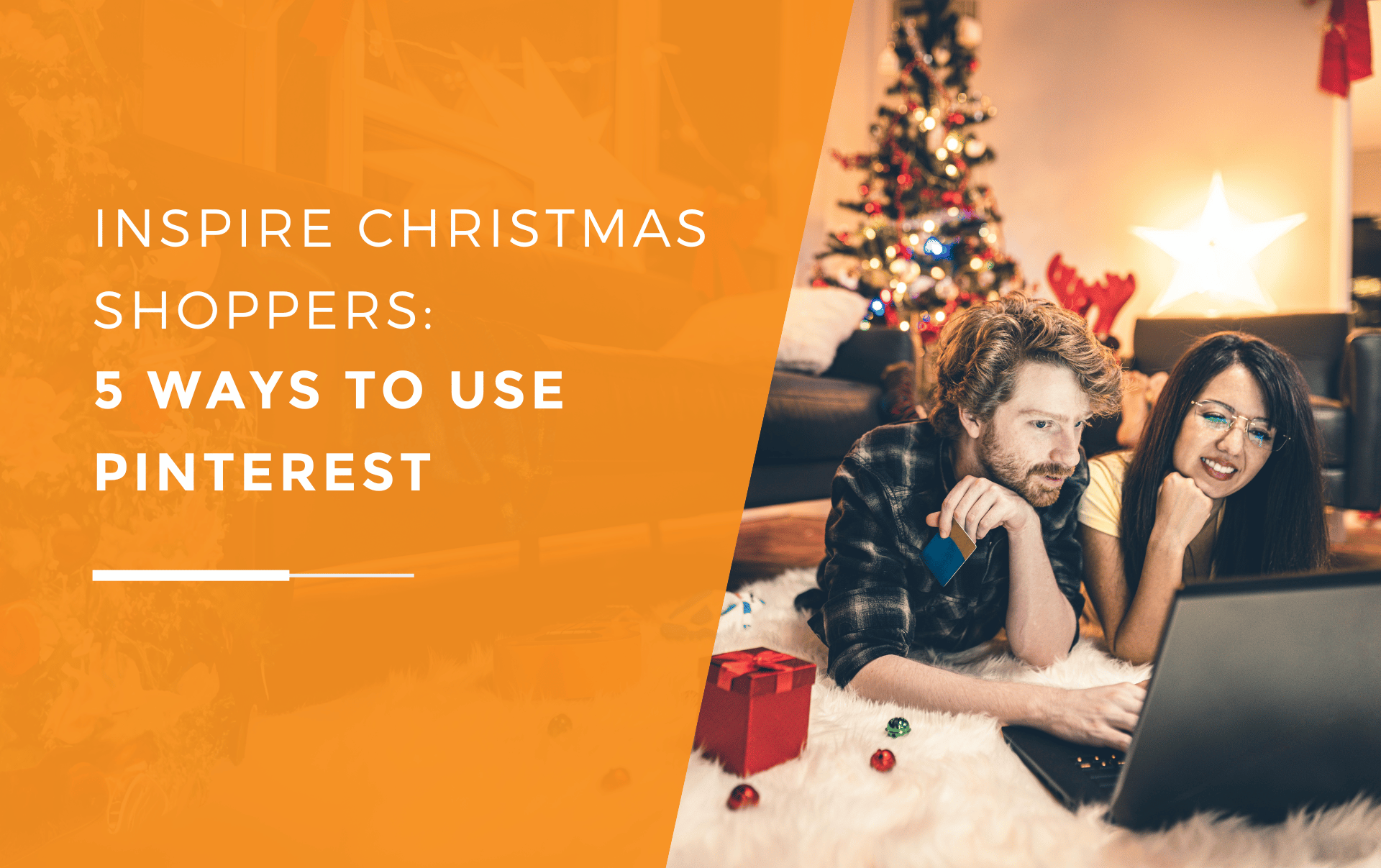 Two people looking doing some online shopping in a room decorated for Christmas