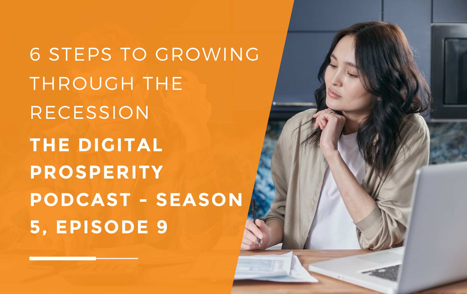 A couple of business partners sitting in their kitchen with a calculator, laptop and coffee, reviewing their finances using Digital Prosperity Podcast's six step system