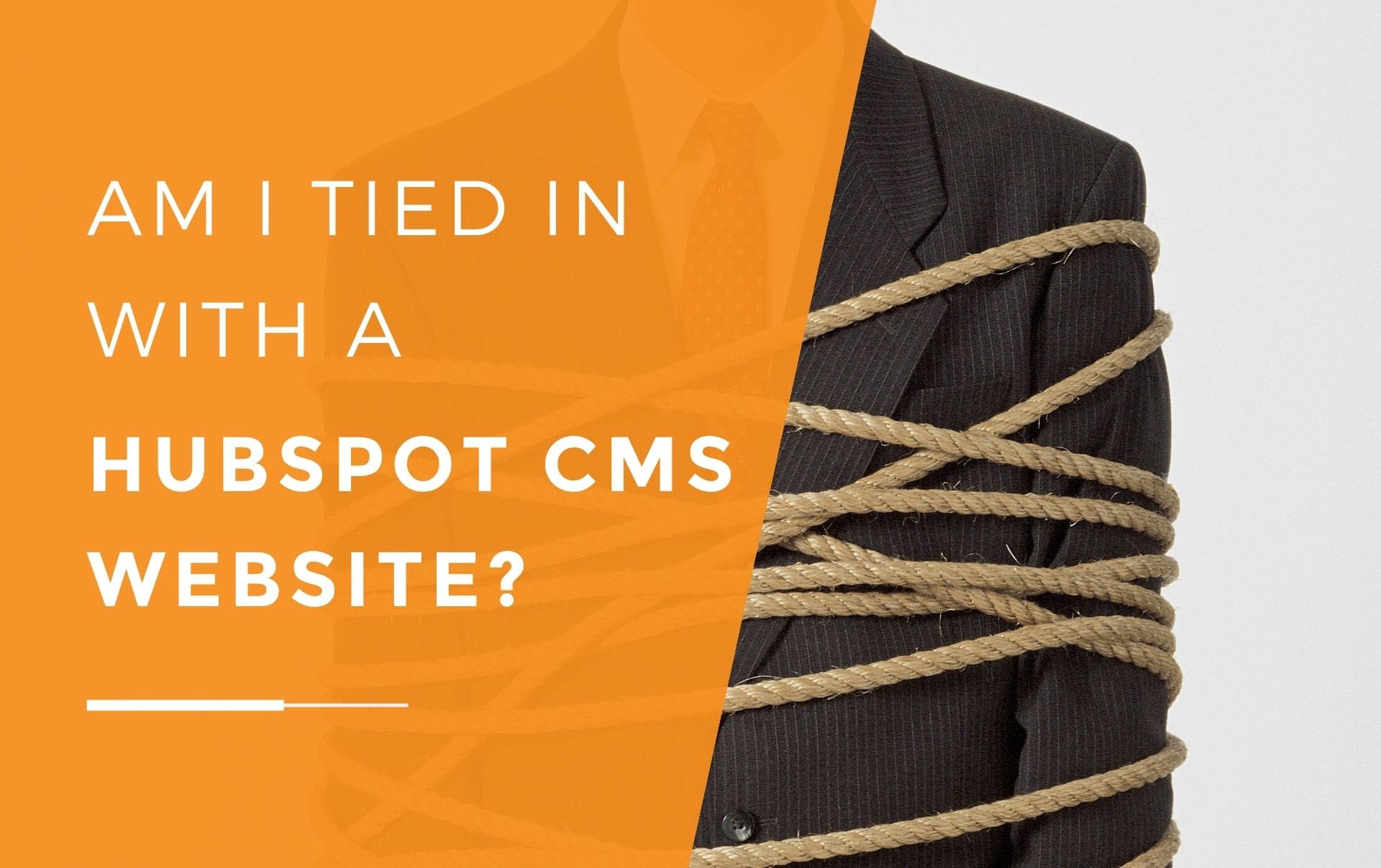 A business man in a suit tied up with rope as he tries to move his website to another platform and hosting company.