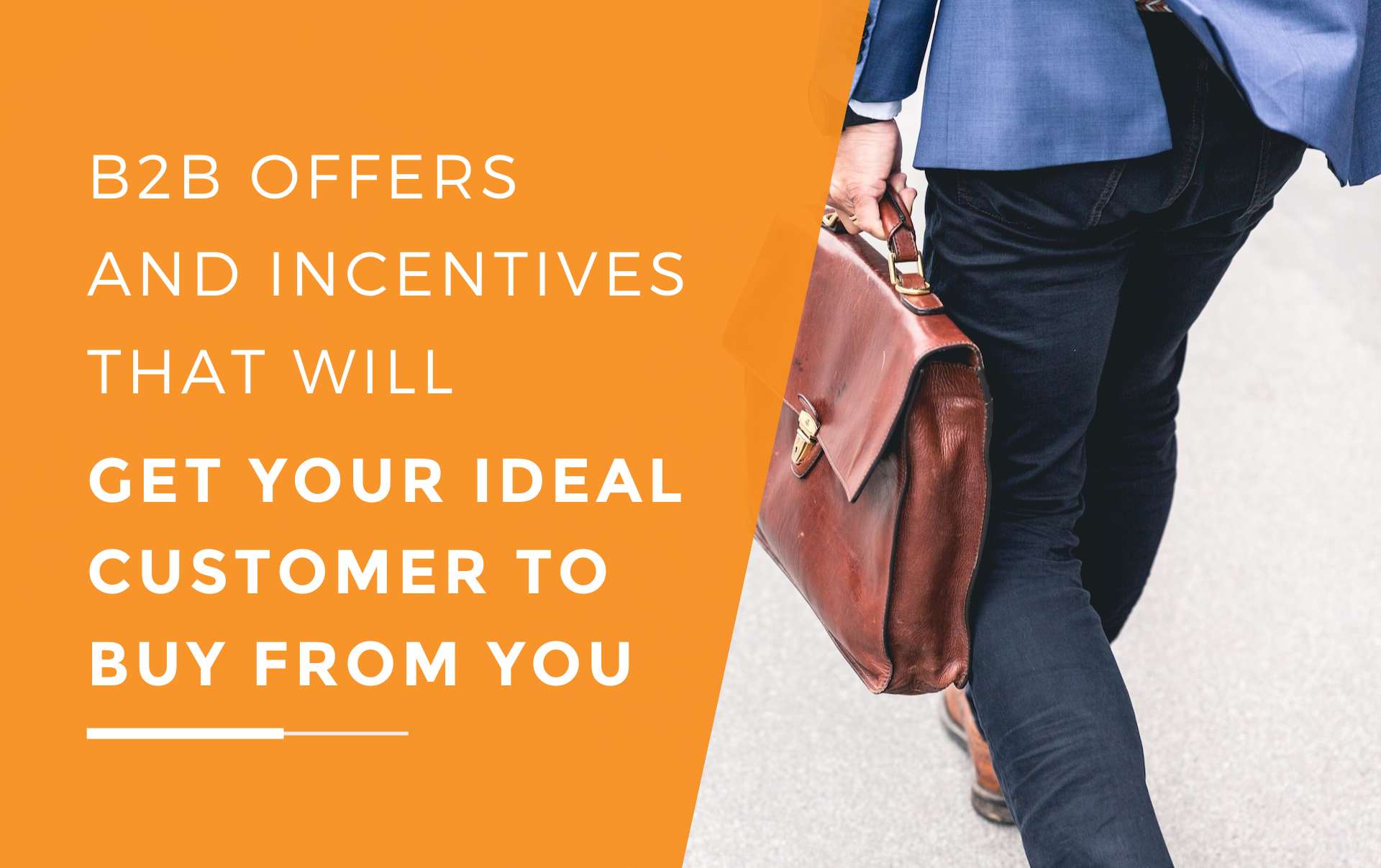 A business owner in a smart suit, holding a satchel bag, walking to a meeting with an ideal customer to propose offers and incentives which will help him make a sale