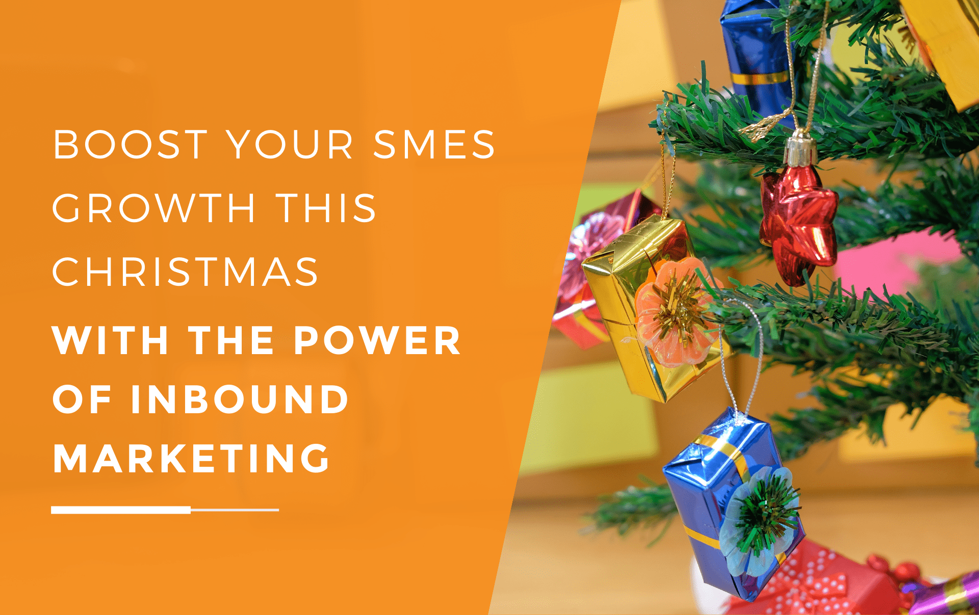 Christmas decorations hanging over a stack of labelled boxes which is inventory to fill potential sales that your business will be able to capitalise on after learning about our growth strategies for smes during the holiday season through strategic inbound marketing.