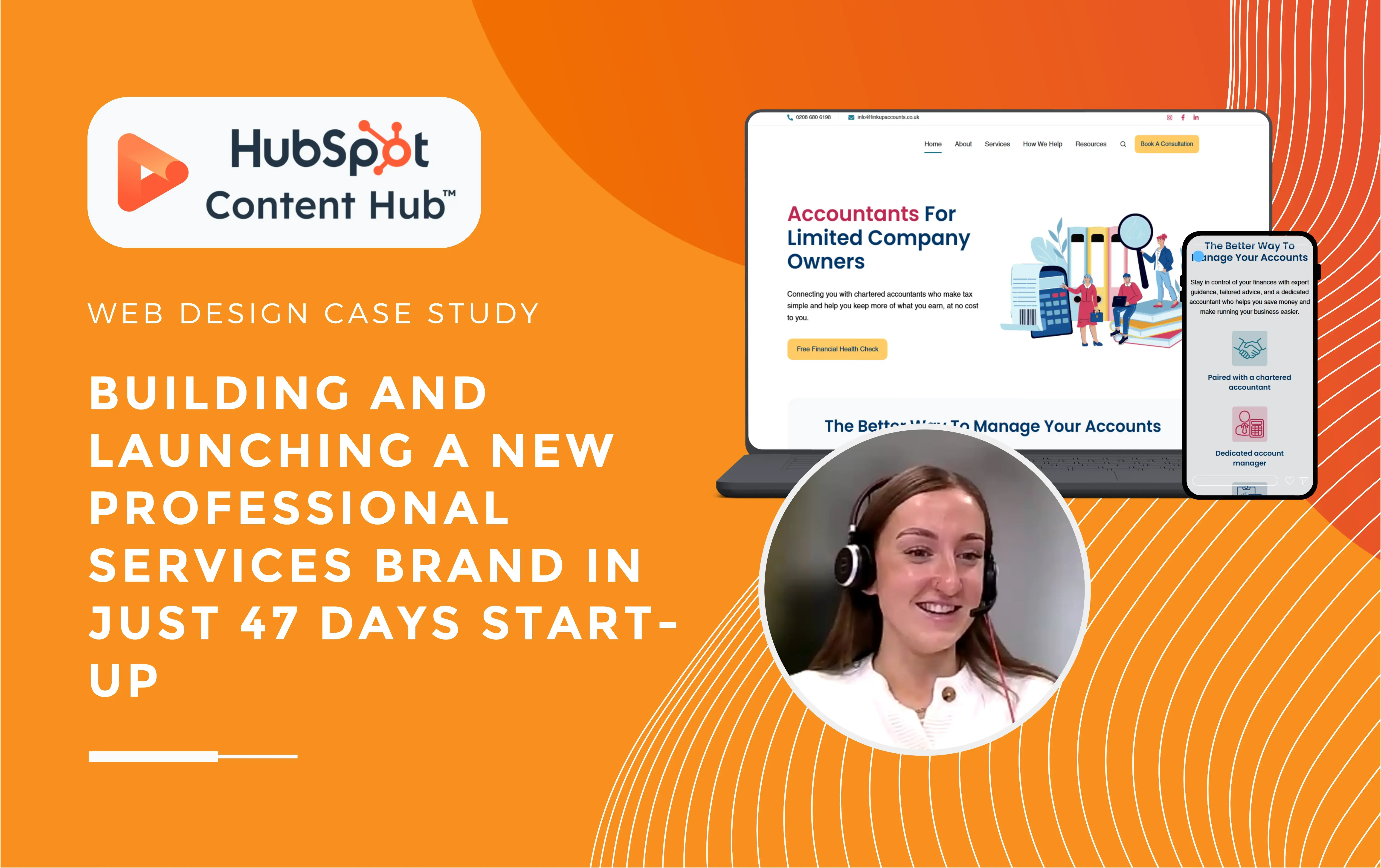 Emily smiling with a headset on talking about a web design case study for a new professional services brand.