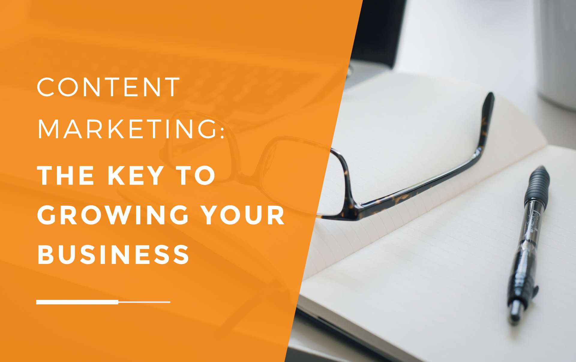 A business owner's glasses on their notebook resting on a laptop as they plan content to help grow their business