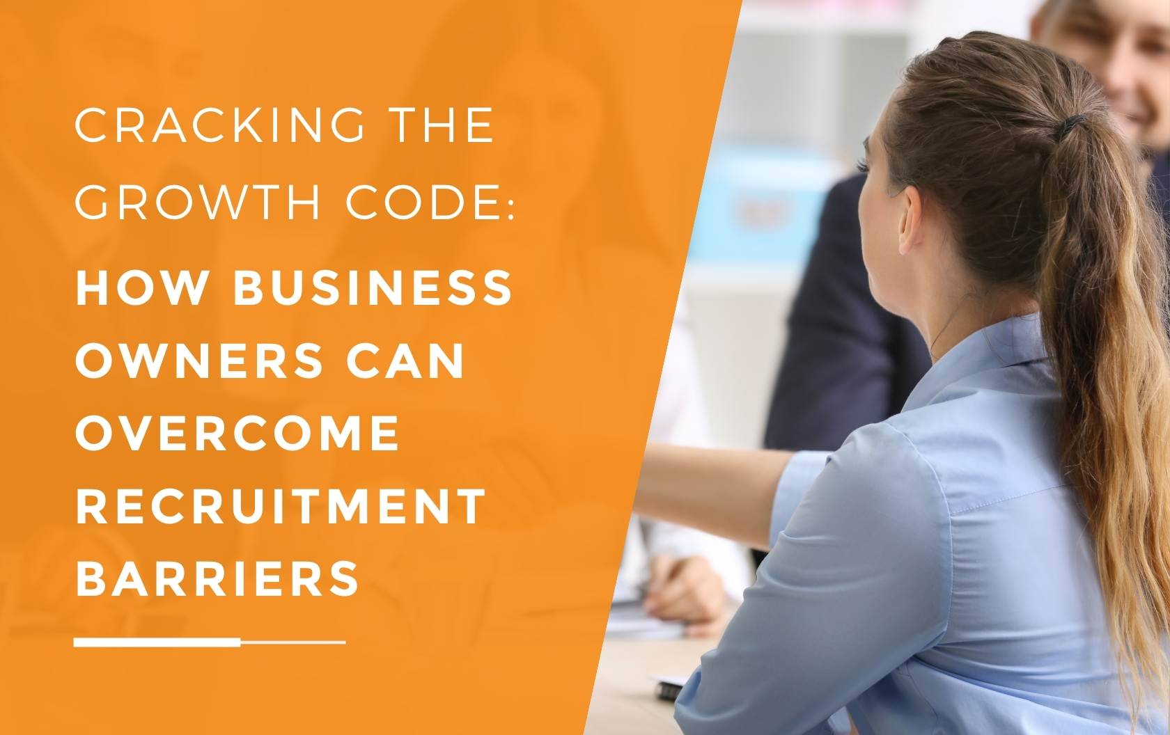 A woman shaking the hands of a business owner as she sits at a table across from him and two other managers about to be interviewed for a position at a company overcoming their recruitment barriers.