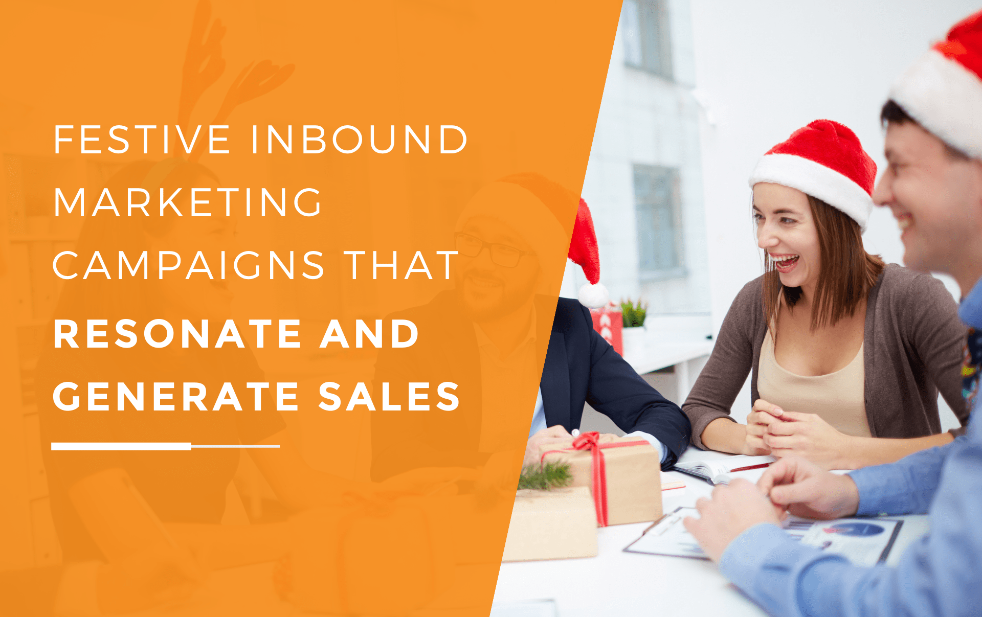 Marketing team wearing Christmas hats brainstorming festive inbound marketing campaigns in a cheerful office setting.