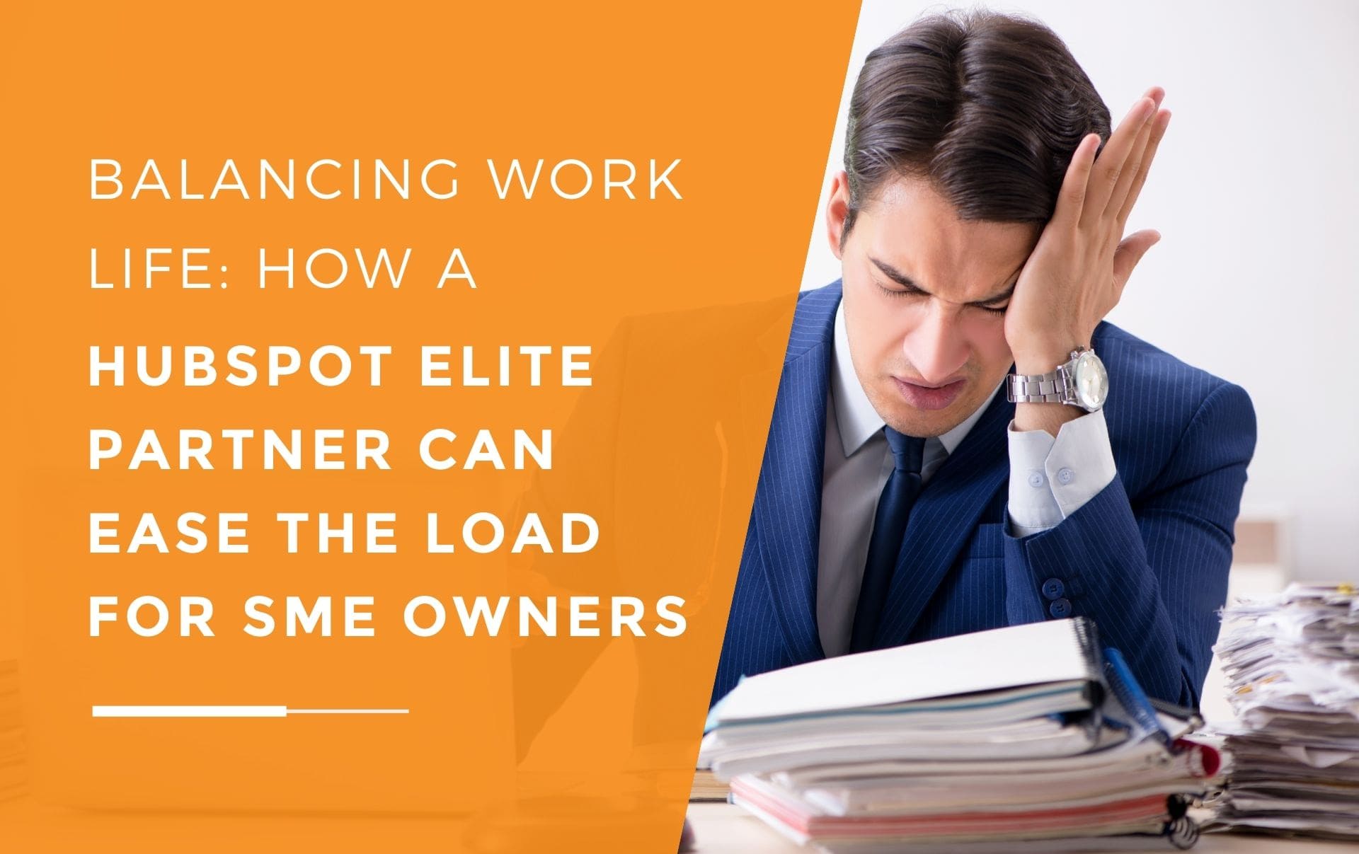 A business owner rubbing his head in frustration from the pile up of work on his desk next to his laptop wanting a easier way to navigate his workload and personal life.