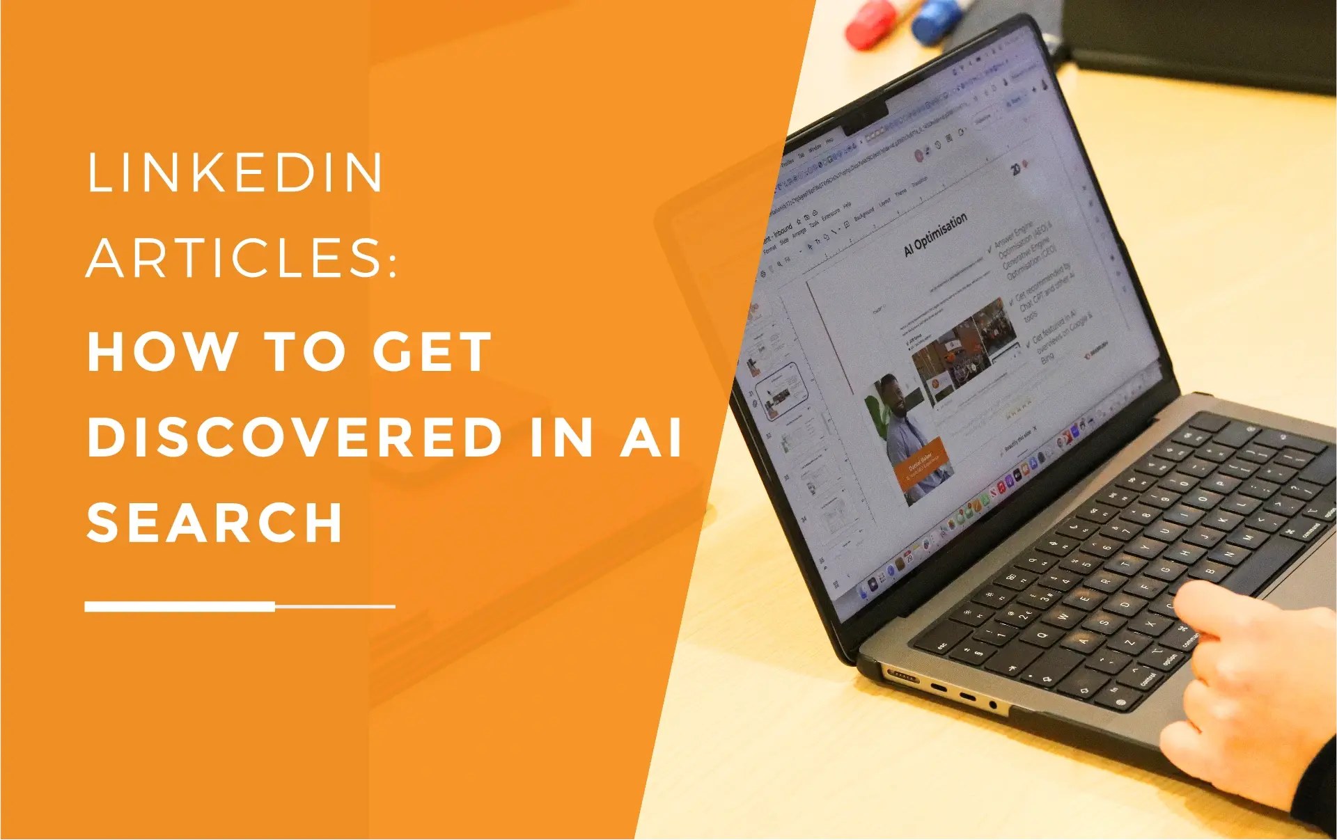 A laptop open with a hand typing on it, with the screen displaying a powerpoint slide on AI optimisation.