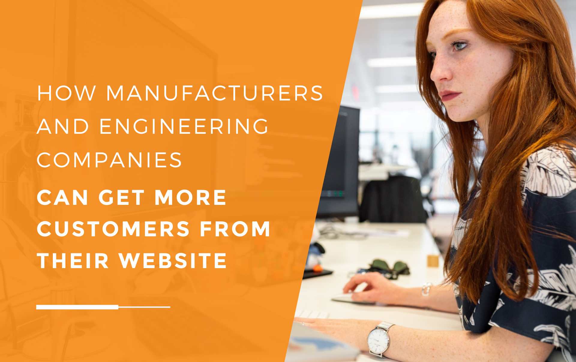 A woman working on two PC screens and a laptop in an engineering company which is successfully gaining customers from an effective website