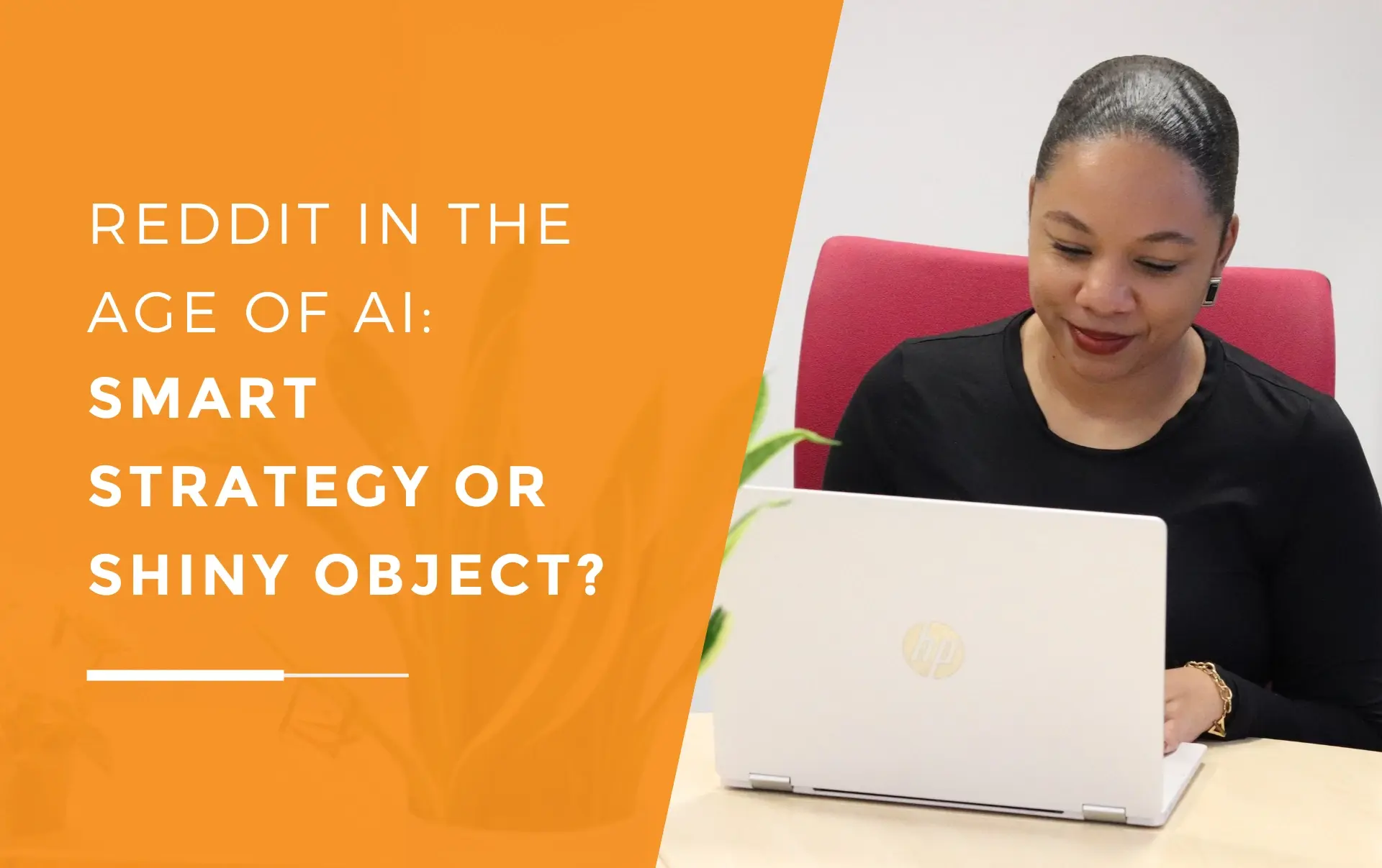 Kerry reviewing online discussions and search insights on her laptop while planning how Reddit can support a structured marketing strategy.