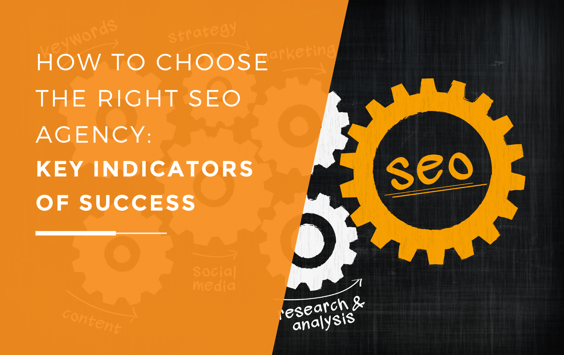 Graphic with orange and great gears connected to the the different seo elements.