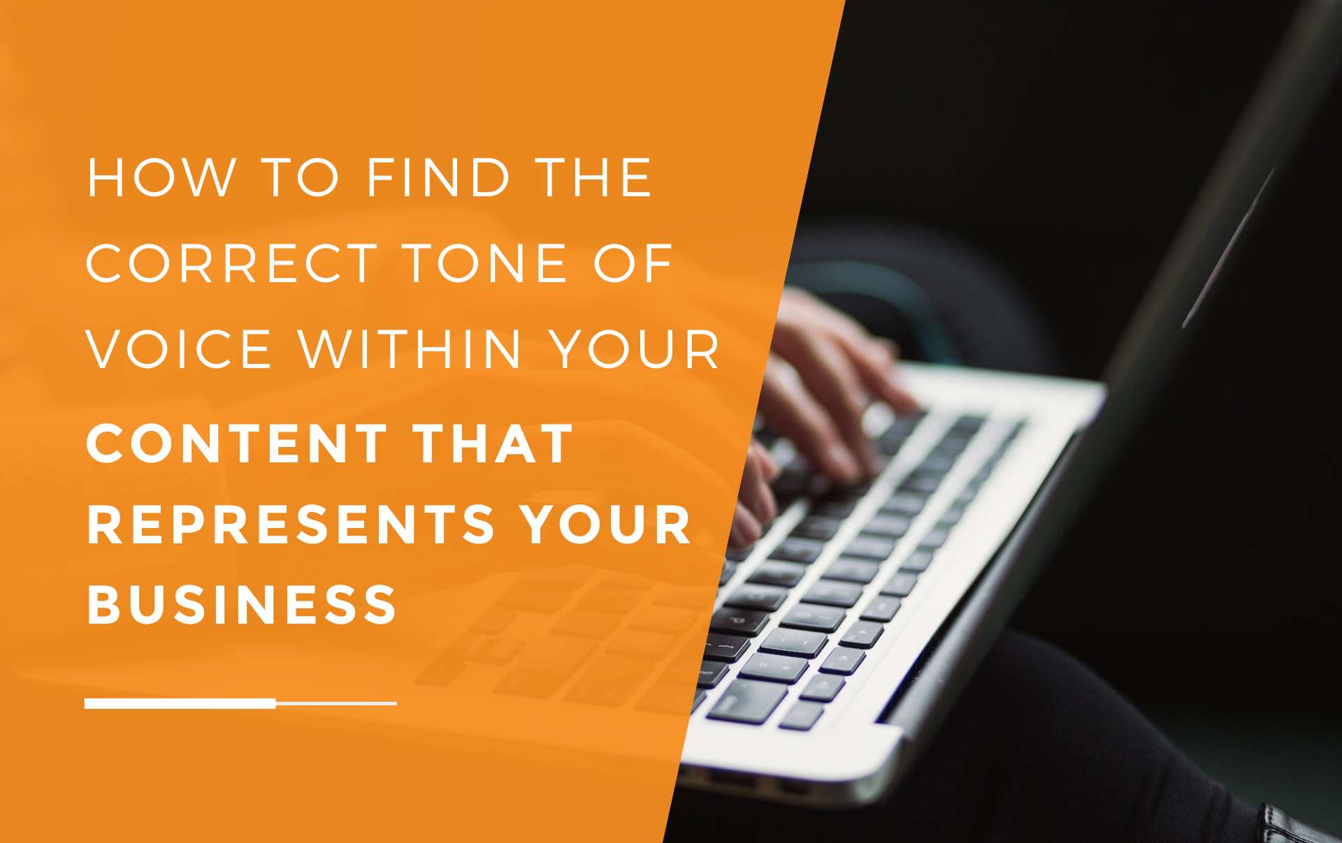 A businesswoman writing with her laptop on her knees, finding a consistent tone of voice for her business's content marketing strategy