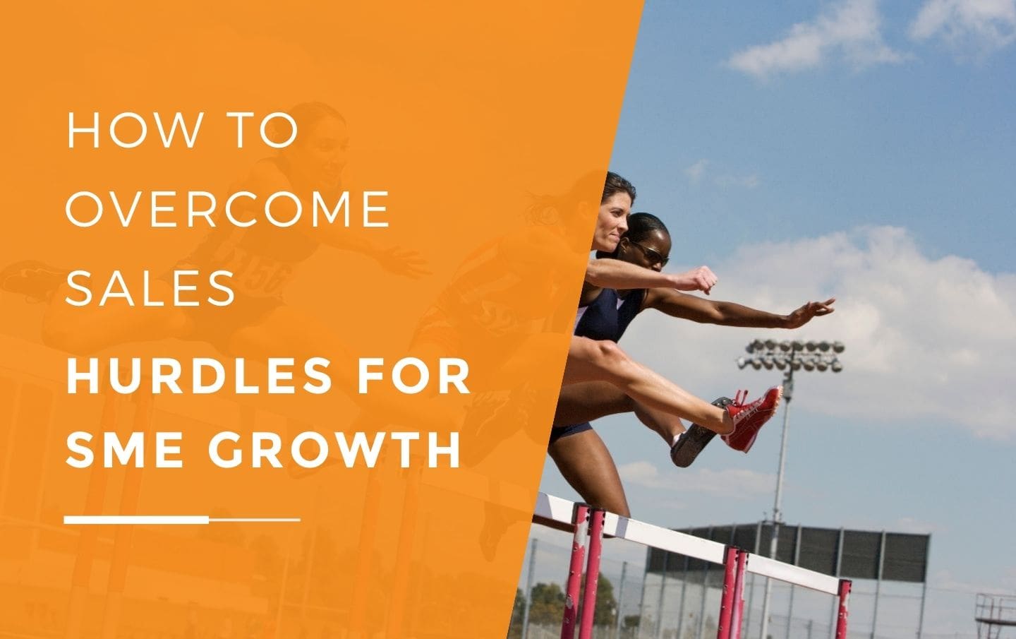 Three business women running a race with hurdles mid-jump as they scale over sales hurdles in their S M E to help with business growth