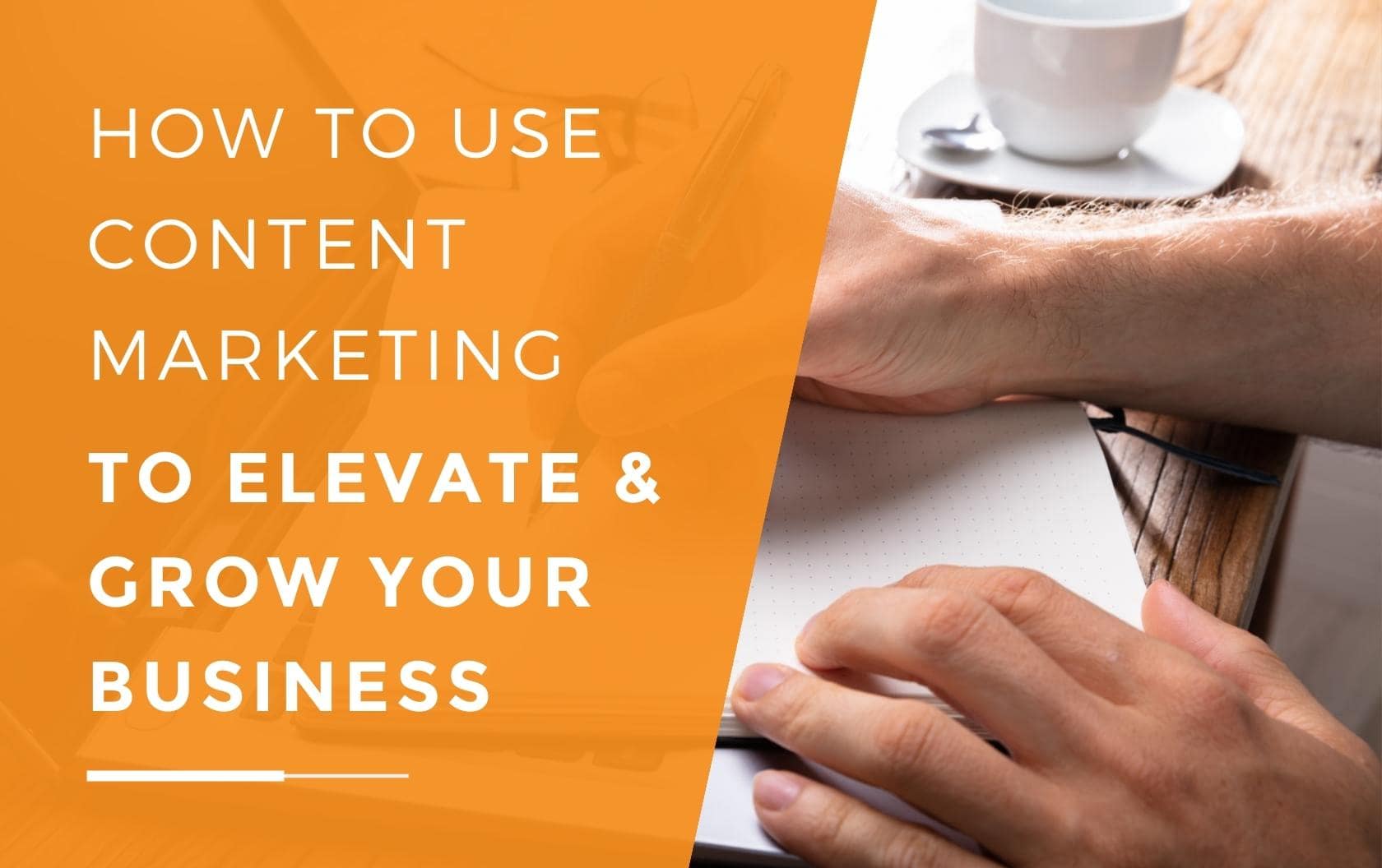 A business owner writing in a notebook placed on top of his laptop keyboard, writing a strategy on how to use content marketing for his business to elevate and grow.