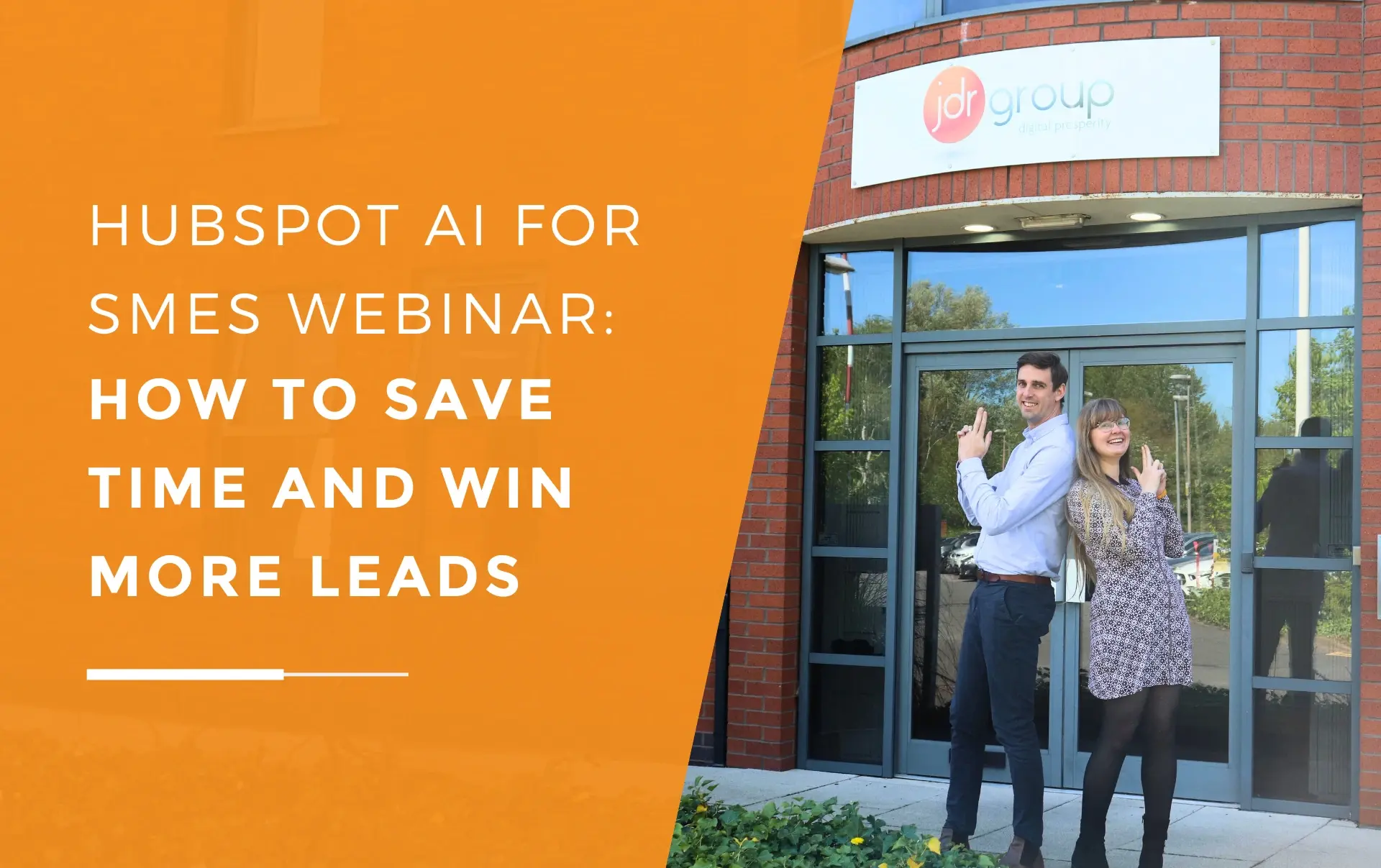 Andy and Emma from JDR standing back-to-back outside the JDR office, smiling and posing ahead of the HubSpot AI webinar.