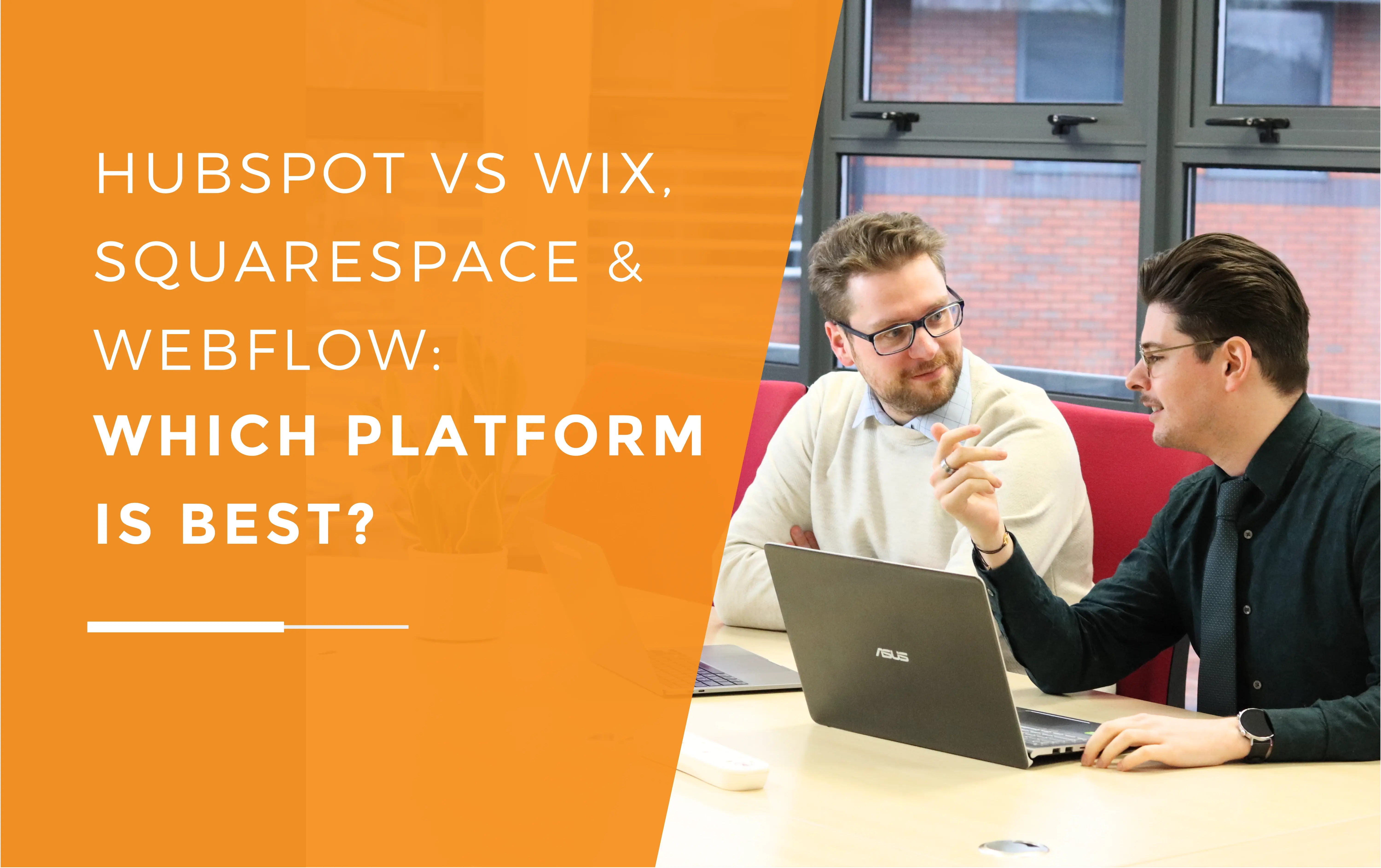 Rhys and John-James with their laptops open discussing which website platform is best.