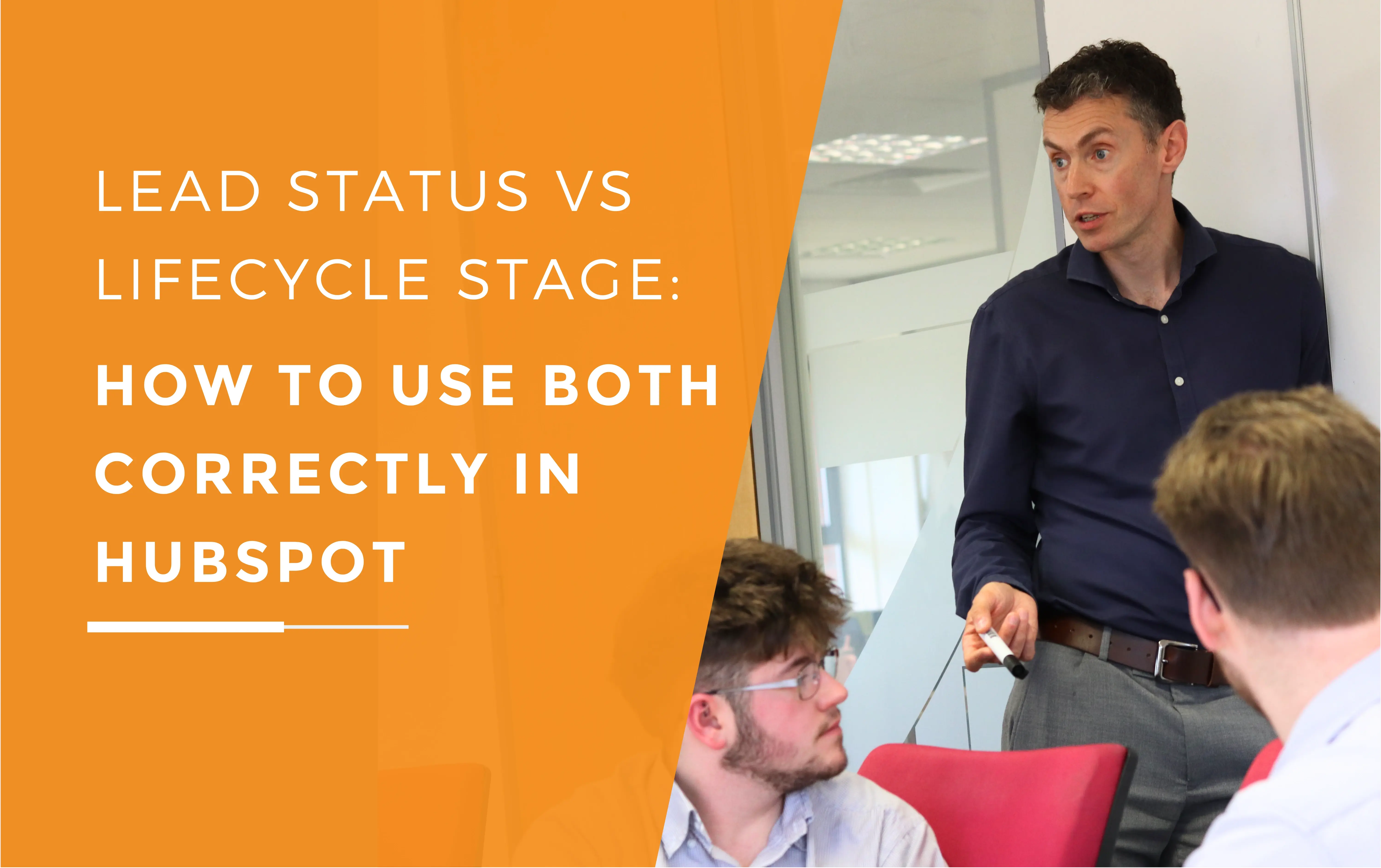 Will holding a whiteboard pen, leading a meeting to others about Hubspot.