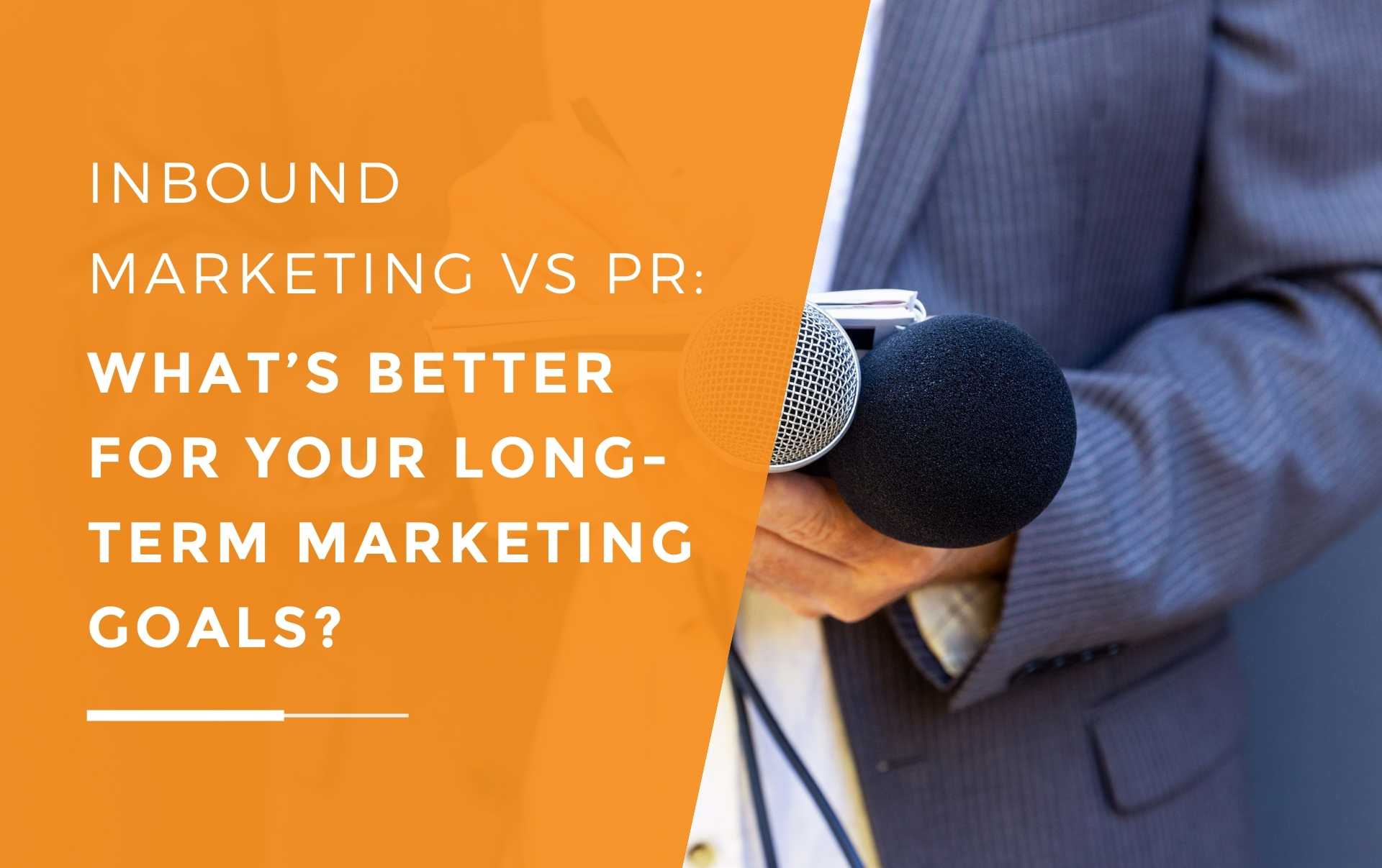 A business owner standing in a suit holding two microphones and writing in a notepad as he decides where to go with inbound or PR for his long term marketing goals