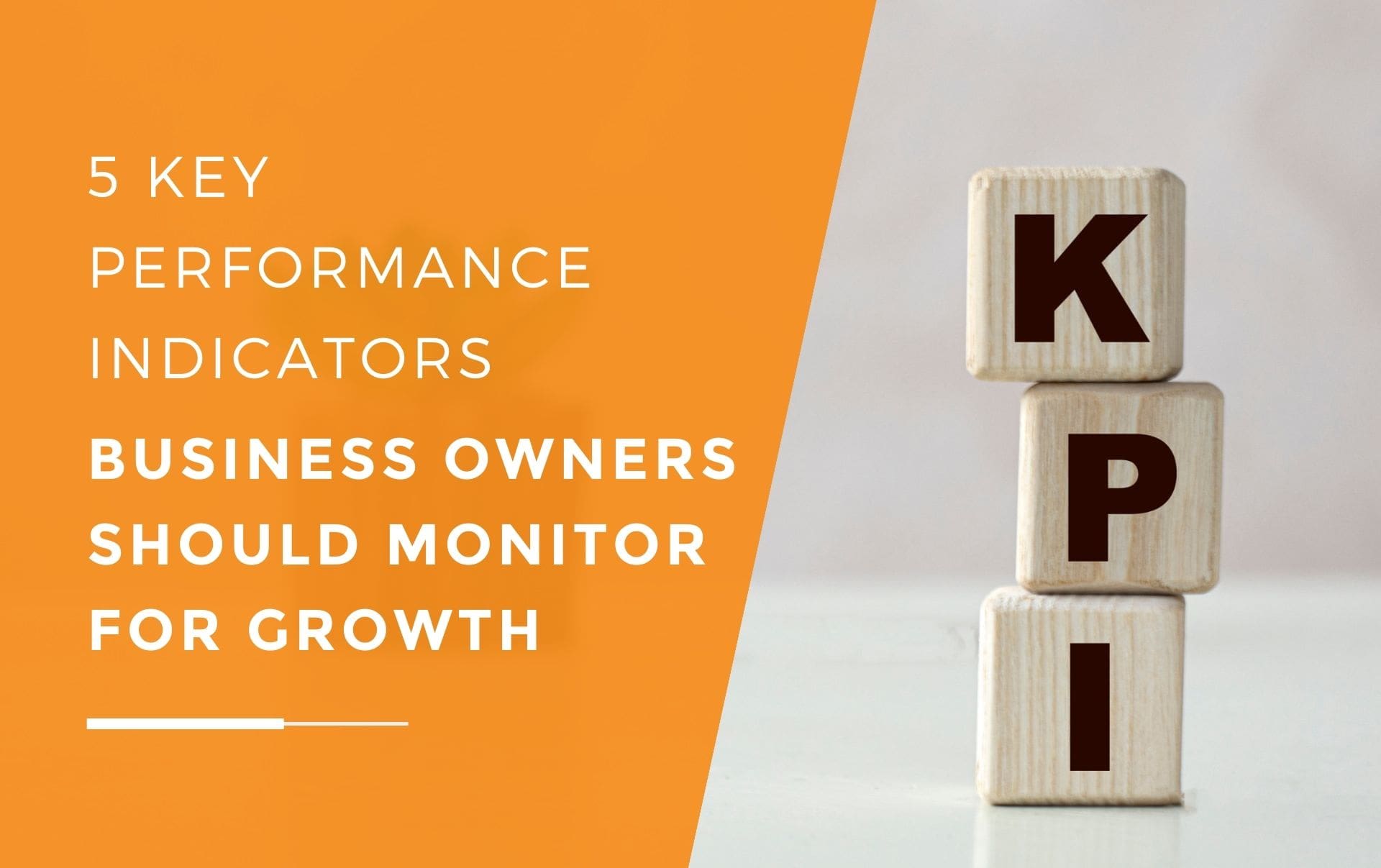 Three wooden blocks that spell out K P I with a succulent in a plant pot behind on the desk of a business owner who is learning how to better monitor their marketing and sales KPIs and metrics.