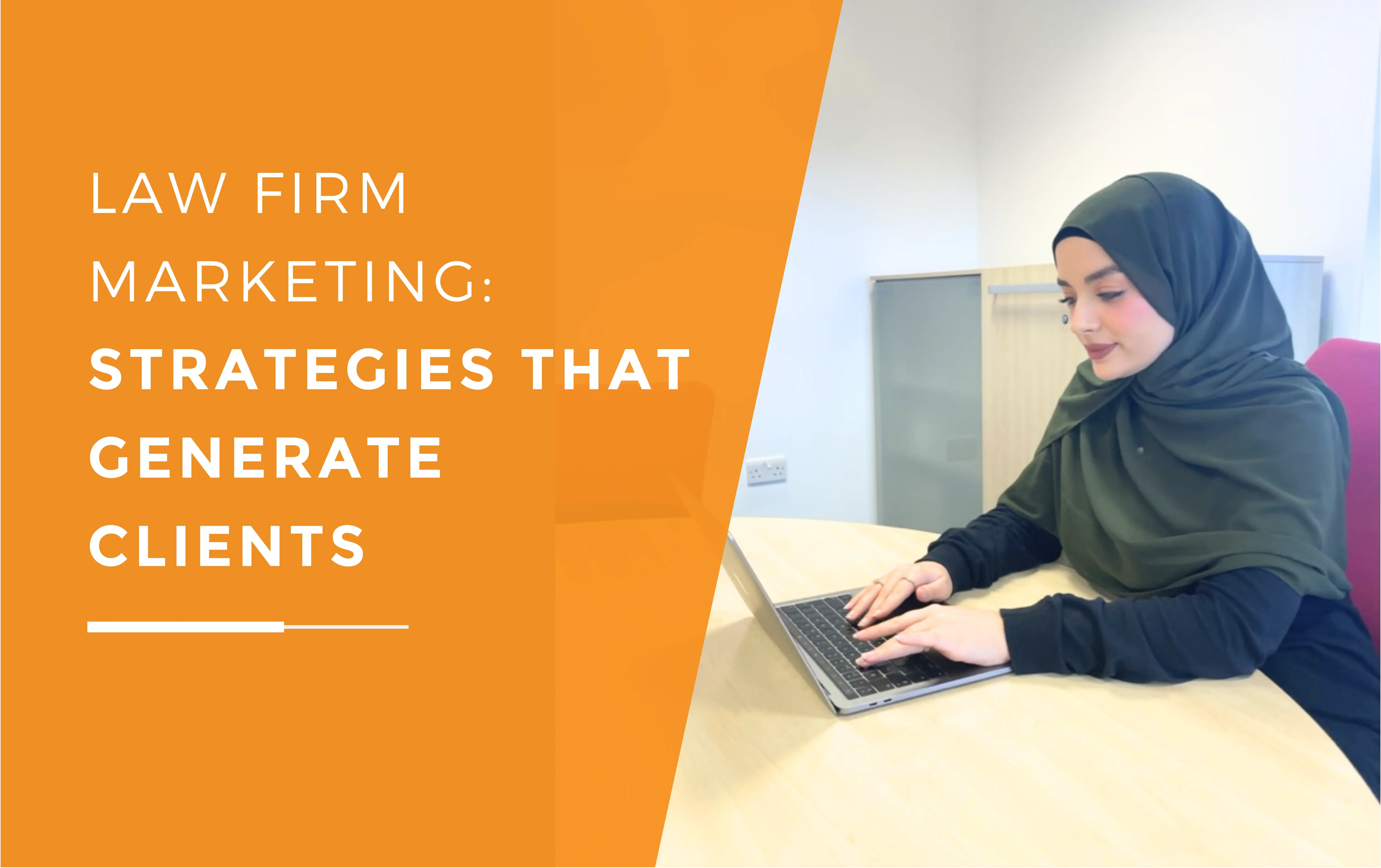 Nidia typing on her laptop at a desk, working on law firm marketing strategies.