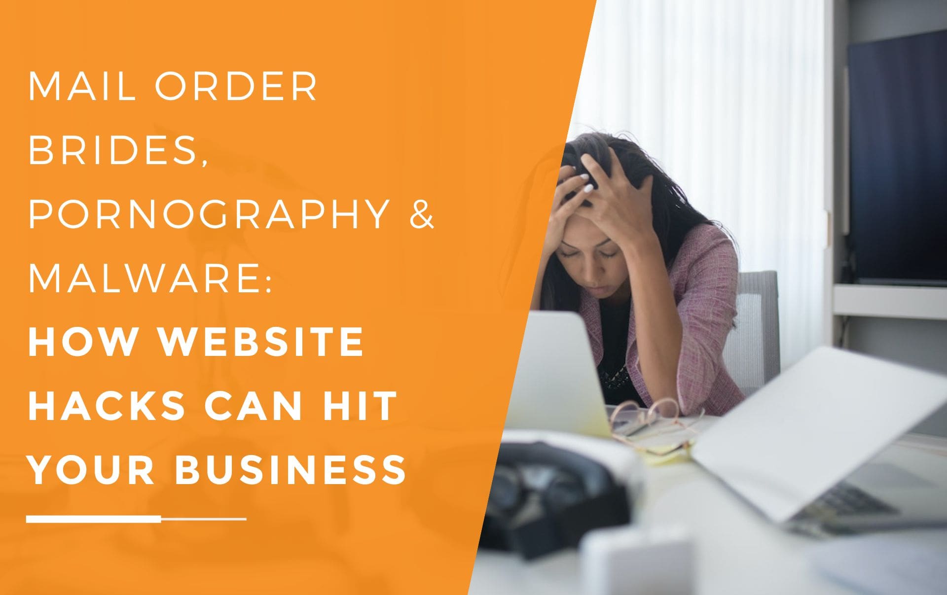 A business women holding her head in frustration as her small business has just experienced a website hack