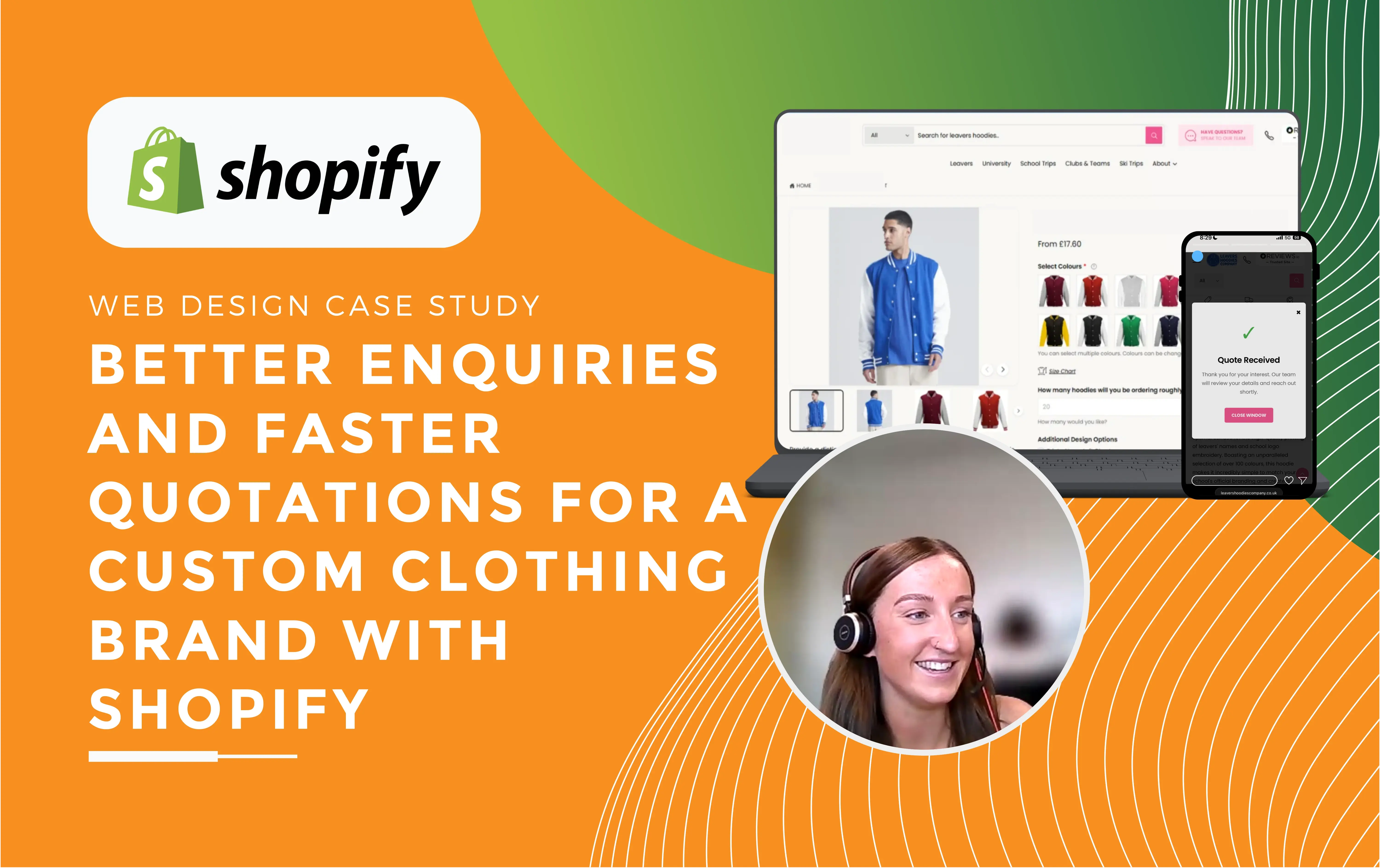 Emily smiling with her headset on during a meeting with a customised clothing brand.