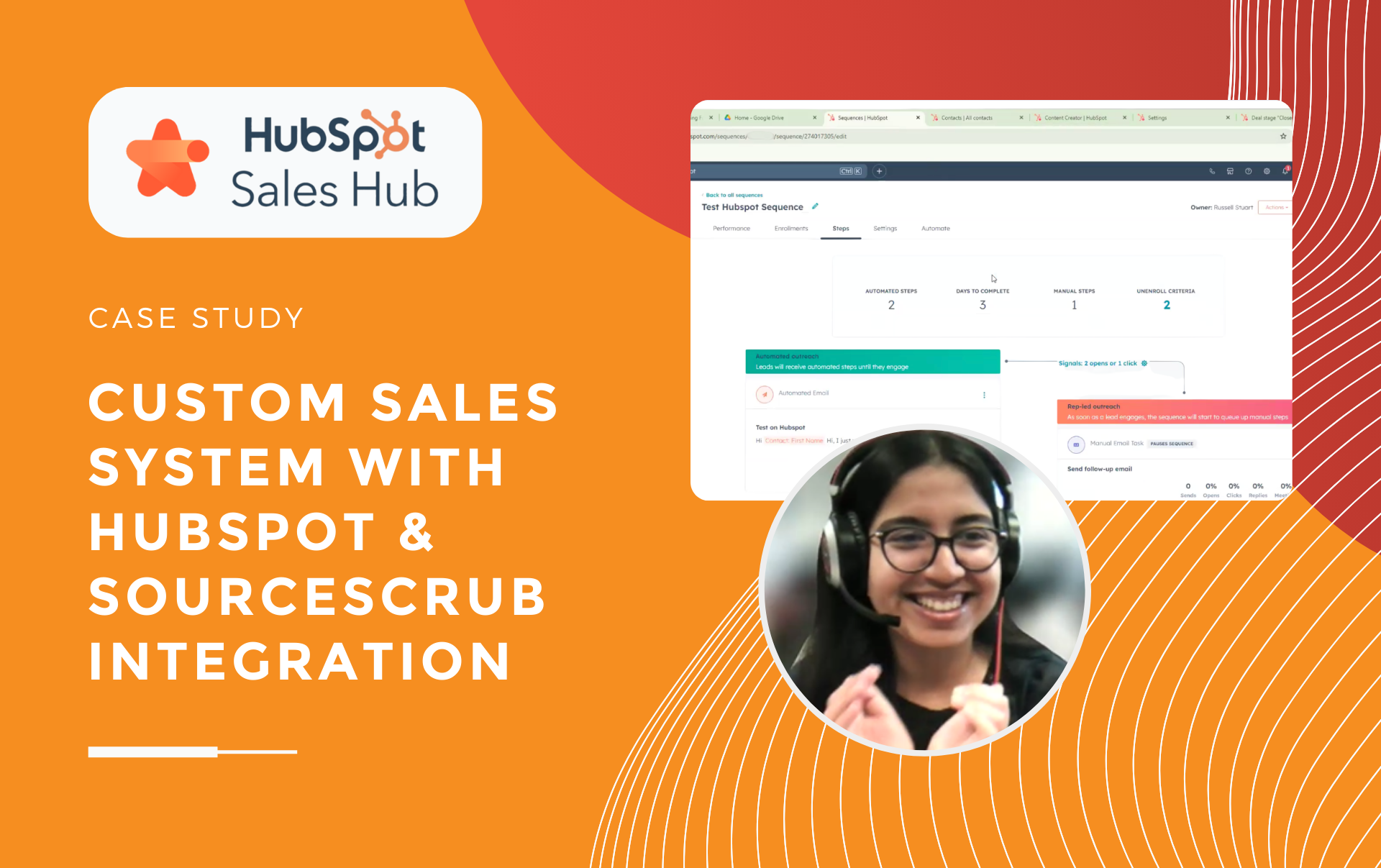 HubSpot Sales Hub case study with SourceScrub integration, featuring dashboard screenshot and smiling Ayesha with headset.