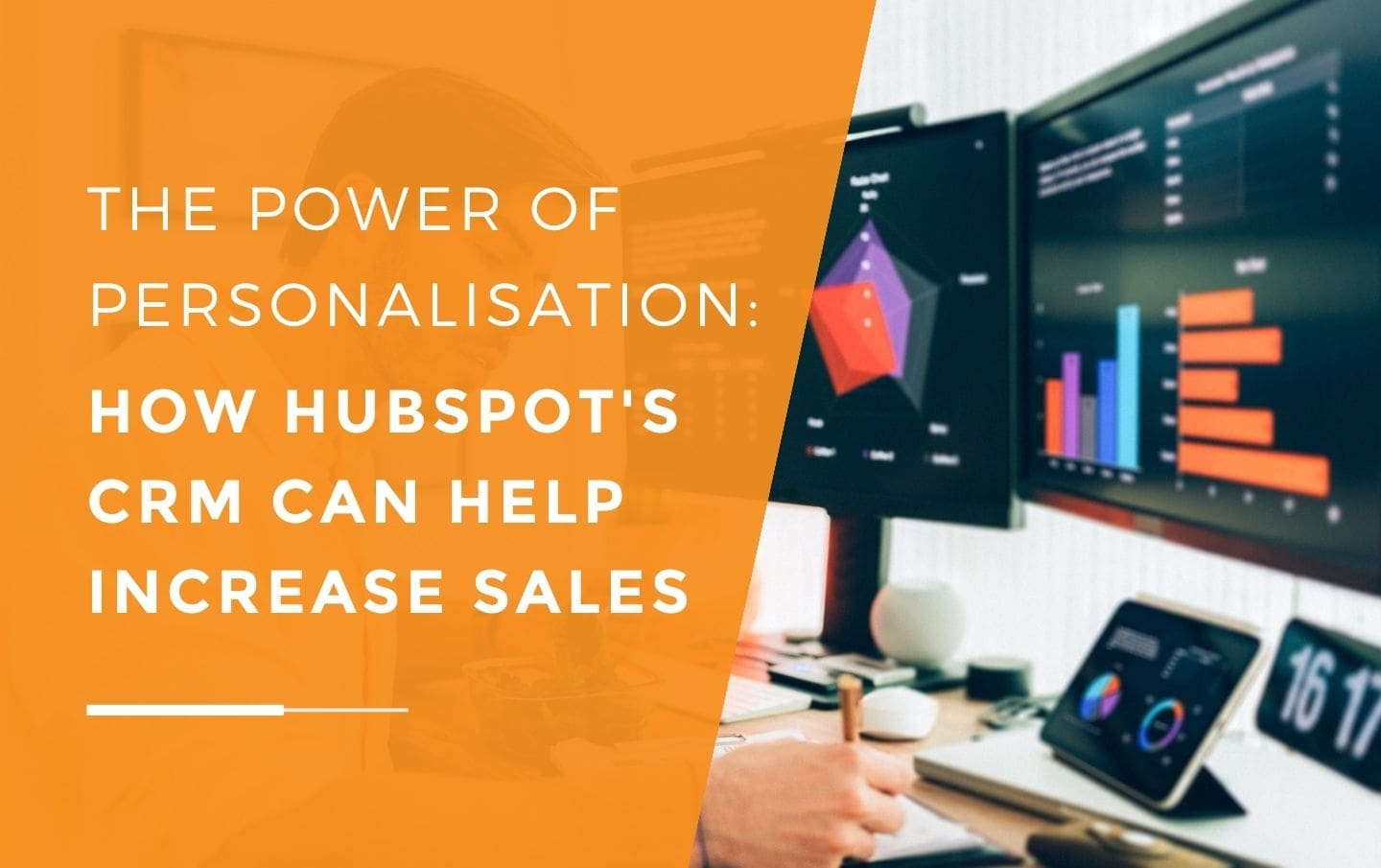 A business owner creating a report of his sales results which have increased due to him using HubSpot CRM for his business, by viewing them on his three desktop screens at his desk
